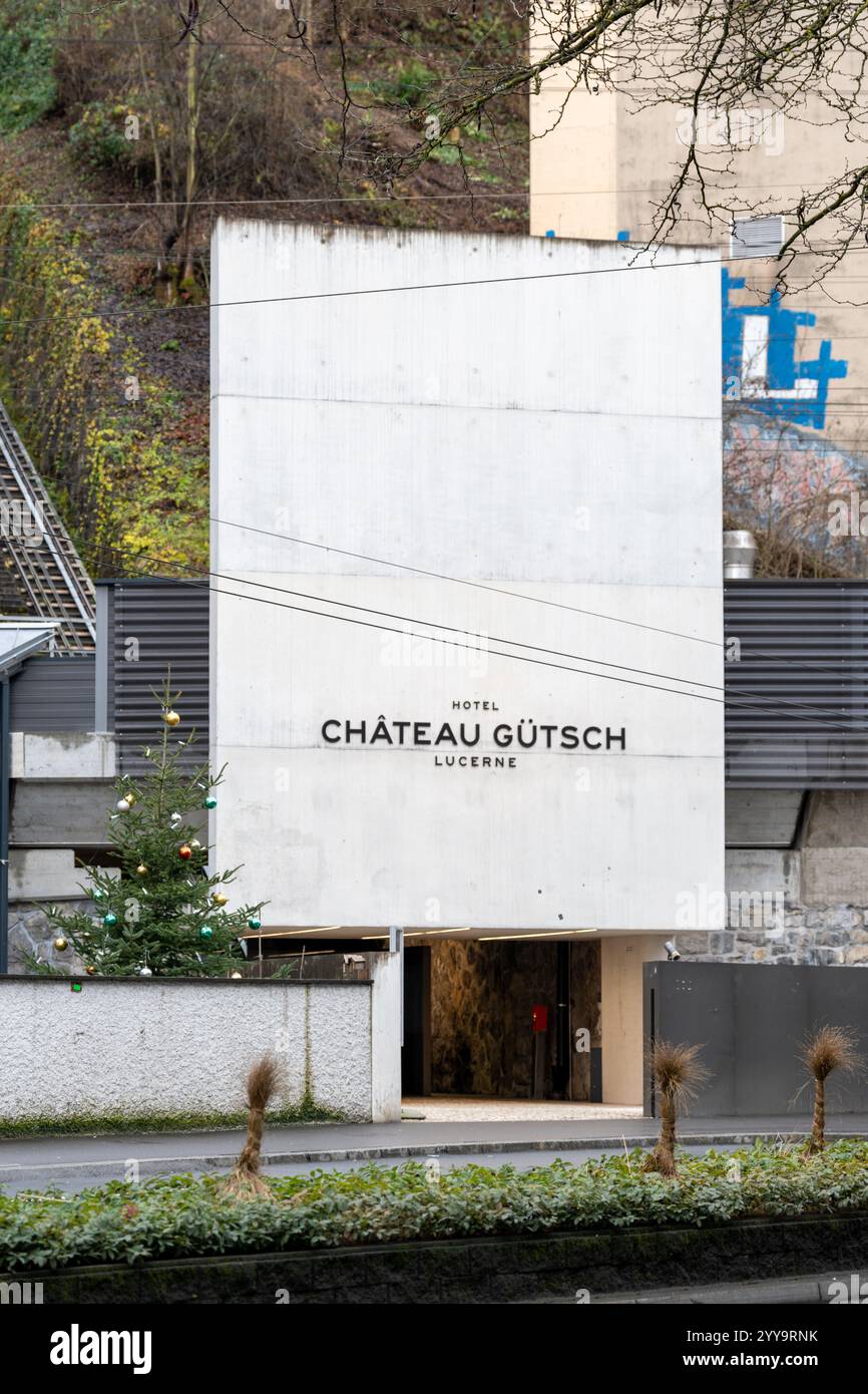 Lucerne, Switzerland - December 9, 2024: Funicular railway transportation station for guests of the Chateau Gutsch Stock Photo