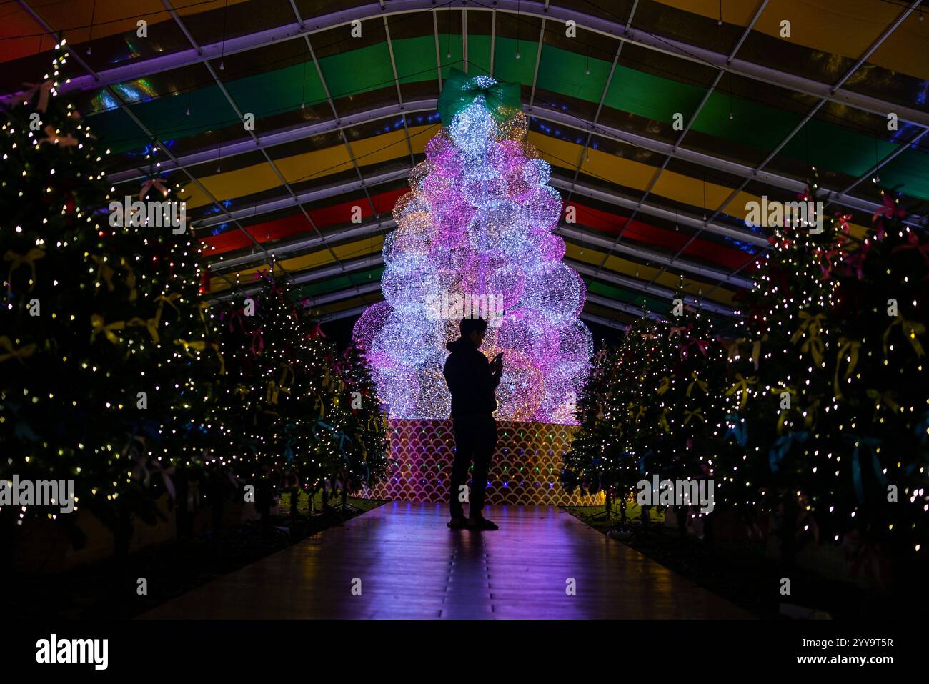 Bandung, West Java, Indonesia. 20th Dec, 2024. A man takes a photo of a christmas tree light installation at the Joy City light show attraction at the Sky Level Paris Van Java Mall in Bandung, West Java. Shopping malls in Indonesia celebrate Christmas by decorating their rides with various Christmas-themed light decorations. (Credit Image: © Dimas Rachmatsyah/ZUMA Press Wire) EDITORIAL USAGE ONLY! Not for Commercial USAGE! Credit: ZUMA Press, Inc./Alamy Live News Stock Photo