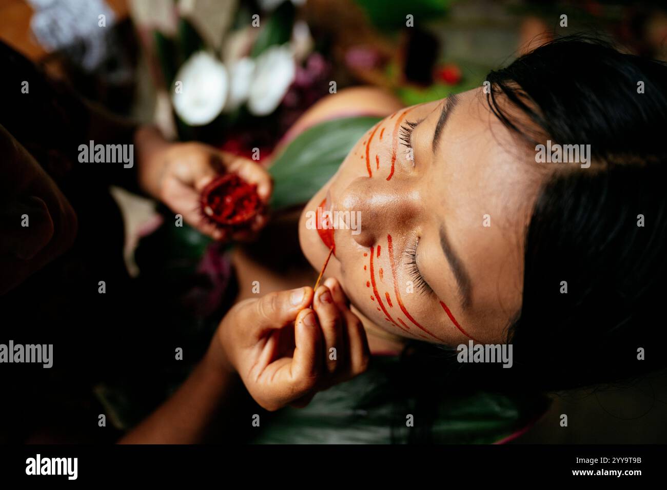 Traditional Amazon face painting, Sinchi Warmi, Amazonia, Napo Province, Ecuador Stock Photo