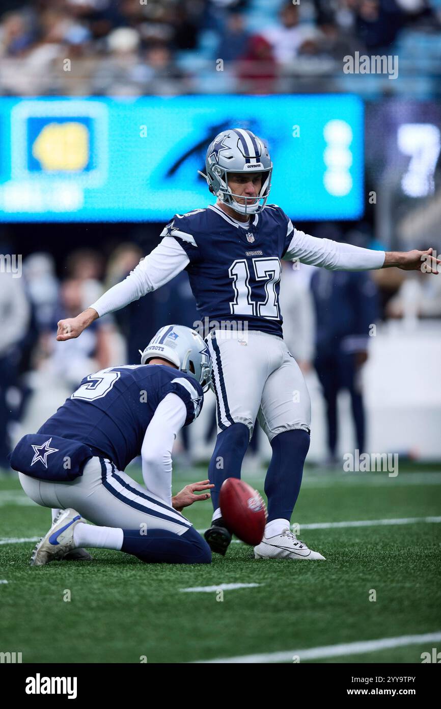 Dallas Cowboys place kicker Brandon Aubrey (17) kicks a field goal out