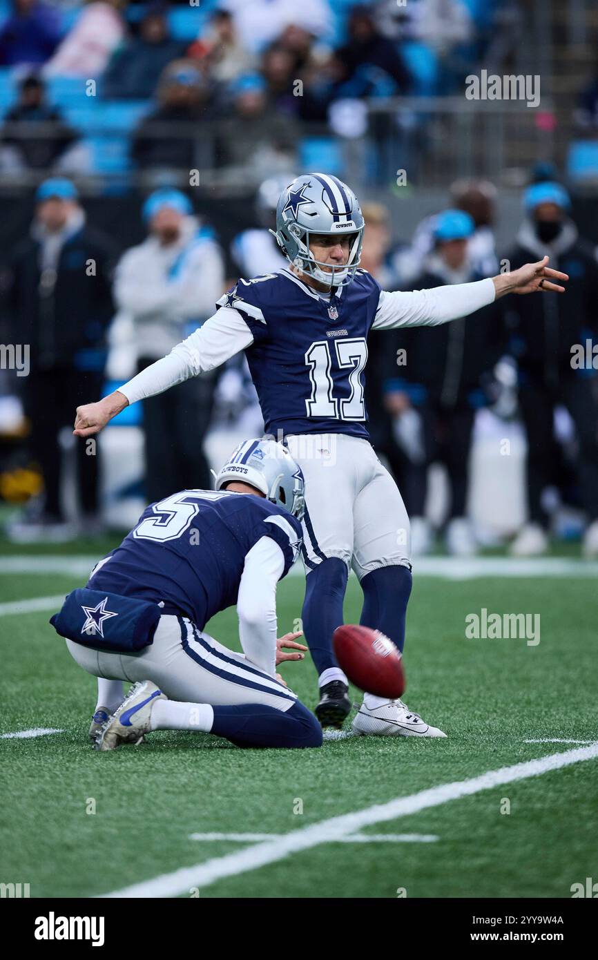 Dallas Cowboys place kicker Brandon Aubrey (17) kicks a field goal out