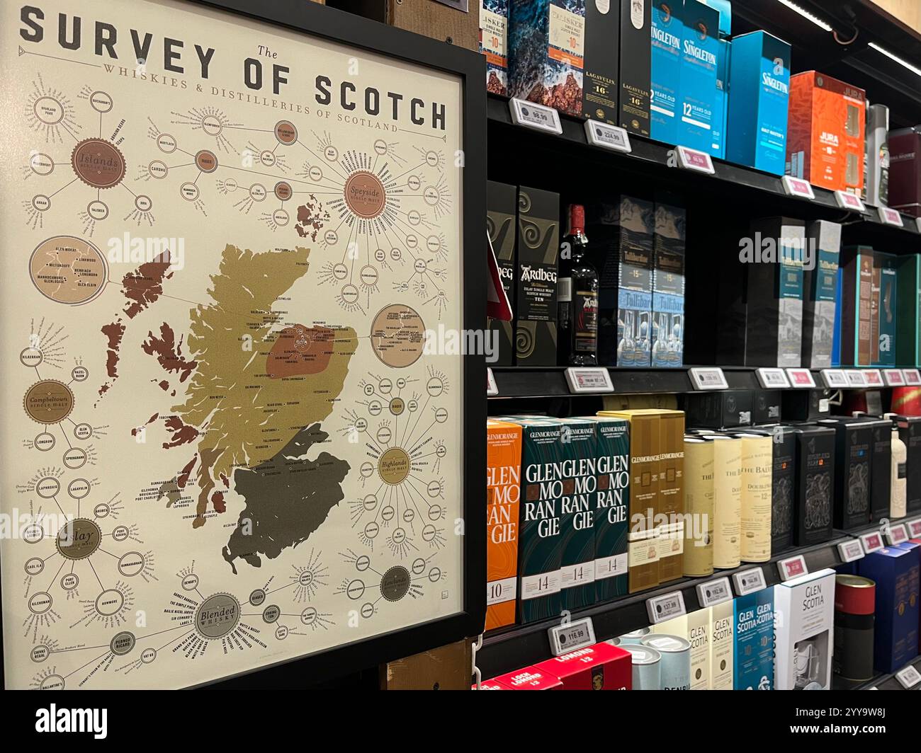 Scotch whisky distilleries map - Whisky Shelf Display And Scotch Whiskies And Distilleries Of Scotland Map In Metro Retail Shop Bulgaria Eastern Europe Balkans Eu 2YY9W8J