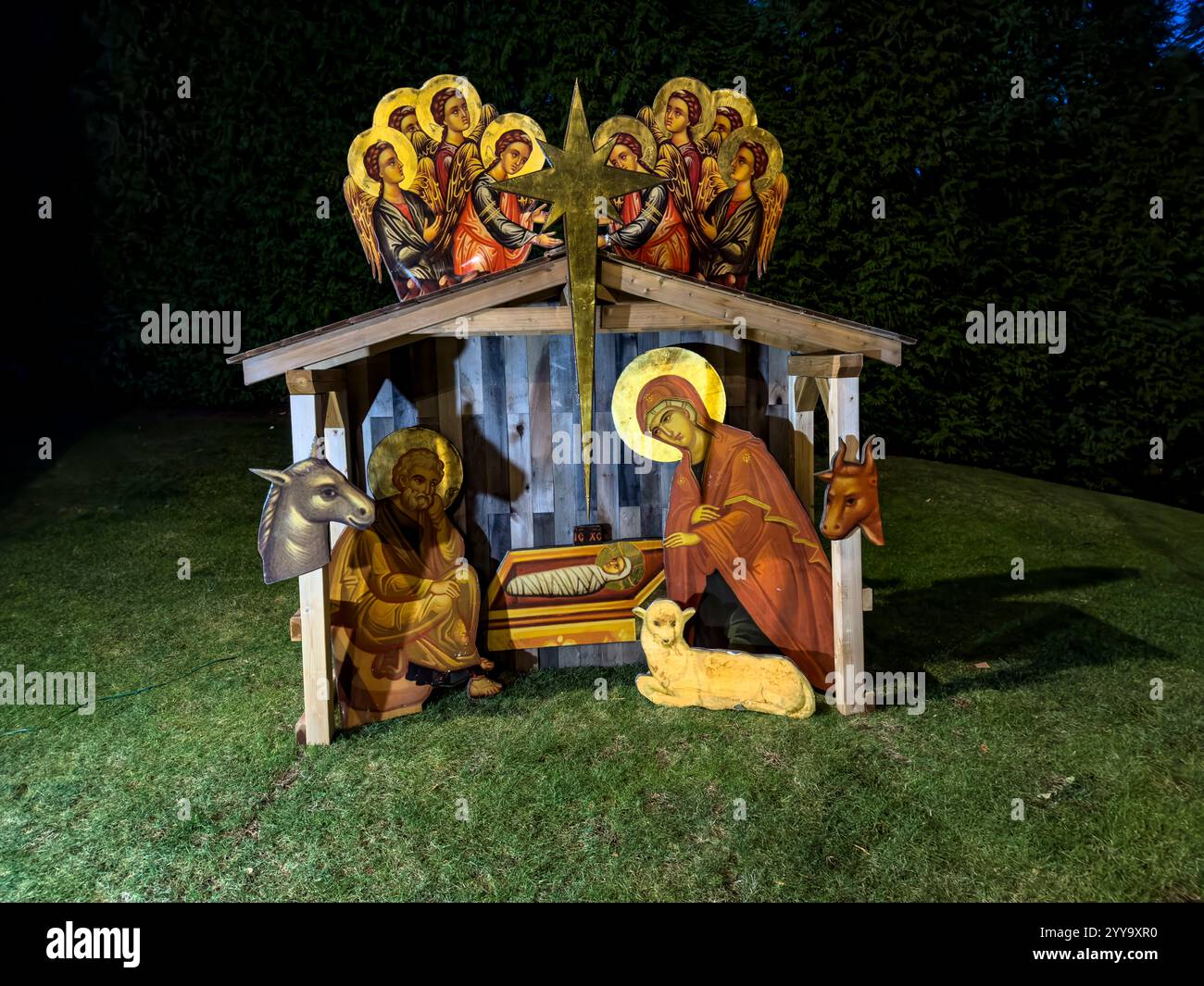 Nativity scene, or creche at the Holy Cross Greek Orthodox Church in Bay Ridge, Brooklyn, New York, NY, USA Stock Photo