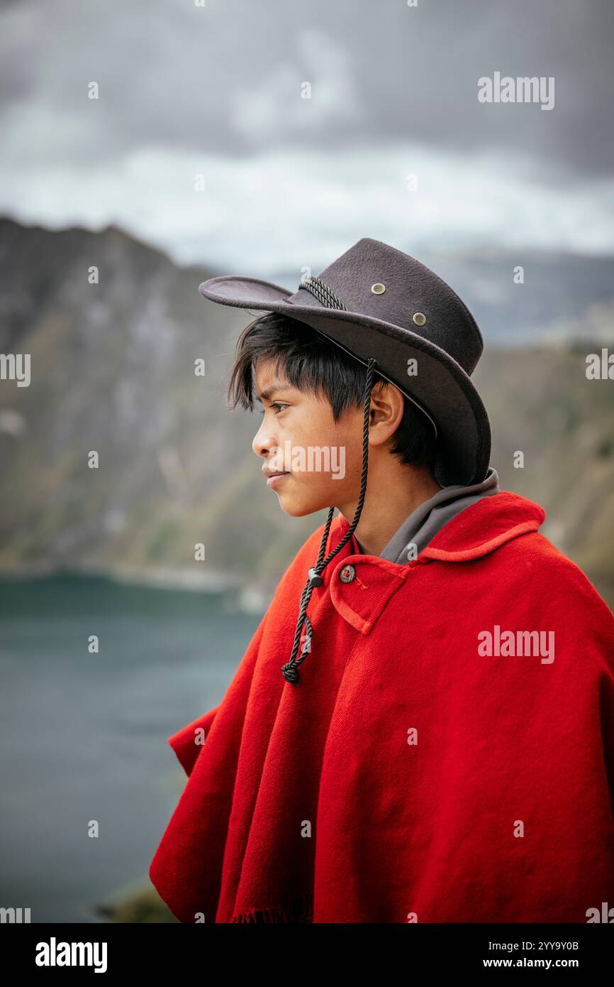 Portrait of Jefferson Herrera with his Alpaca, Quilotoa Lake, Cotopaxi Province, Ecuador Stock Photo