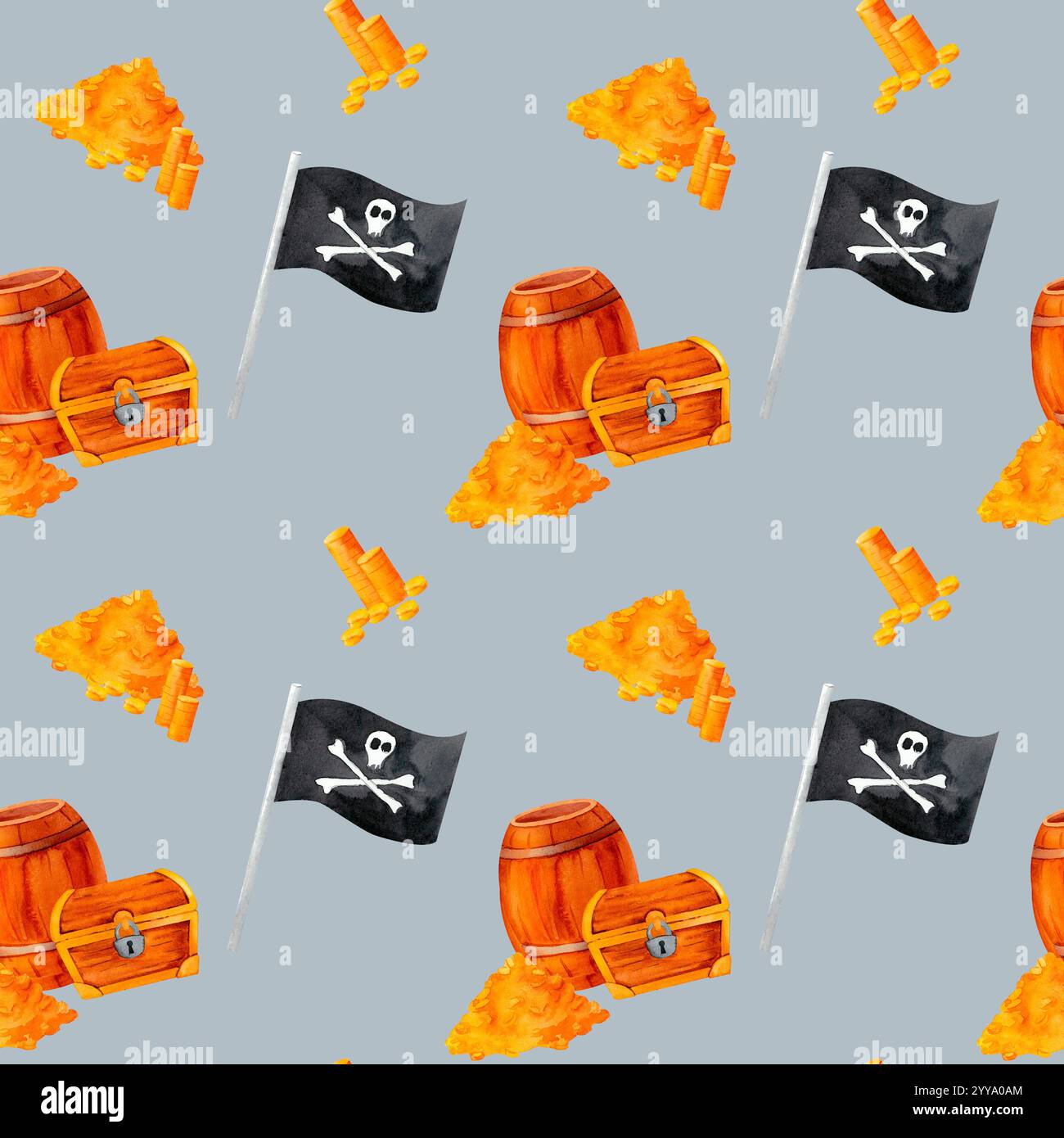 Chest of gold, pirate banner, barrel, and shiny coins. A dynamic ...