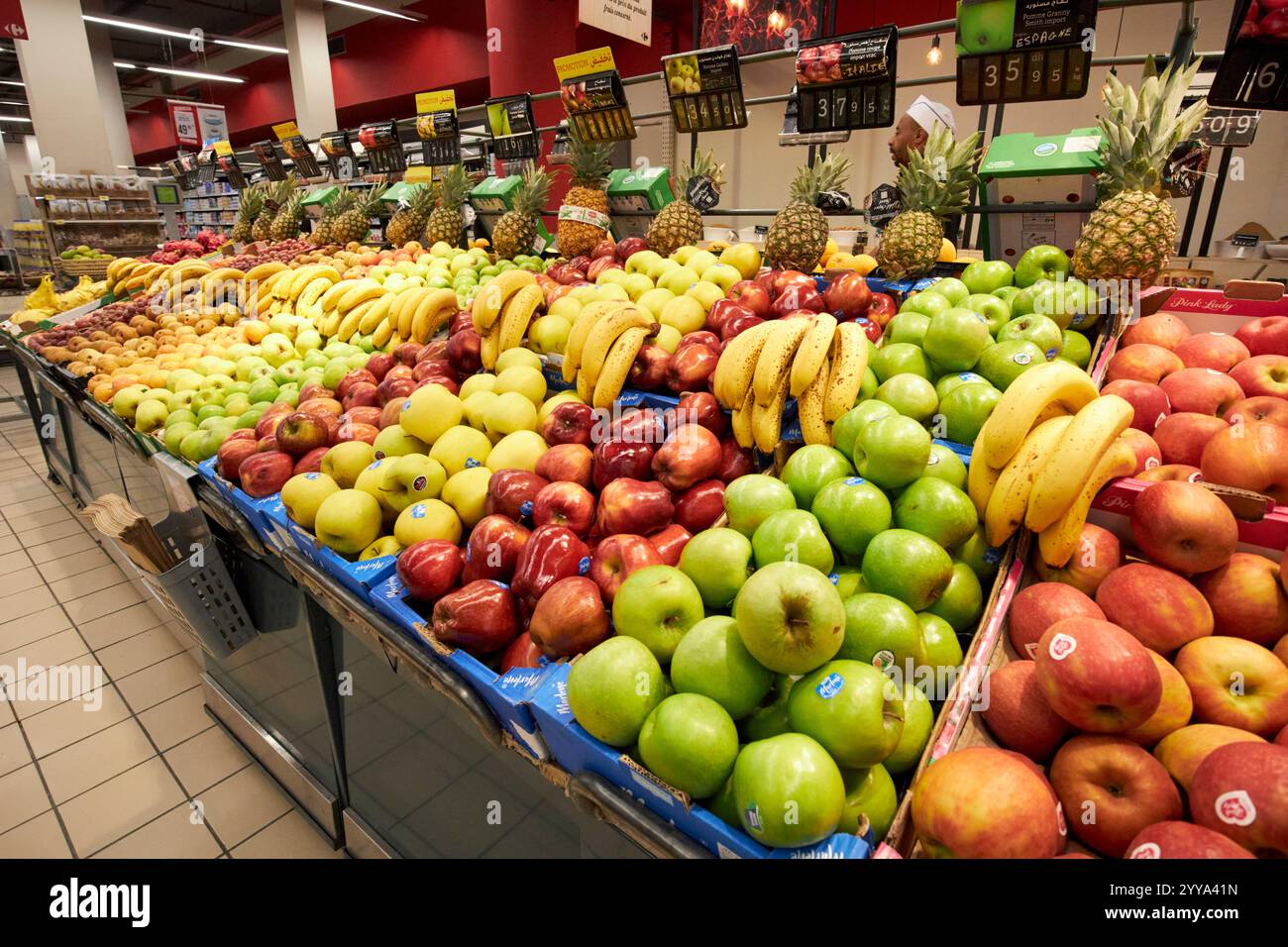 fresh fruit some supplied from the eu in a carrefour market supermarket in marrakesh, morocco Stock Photo