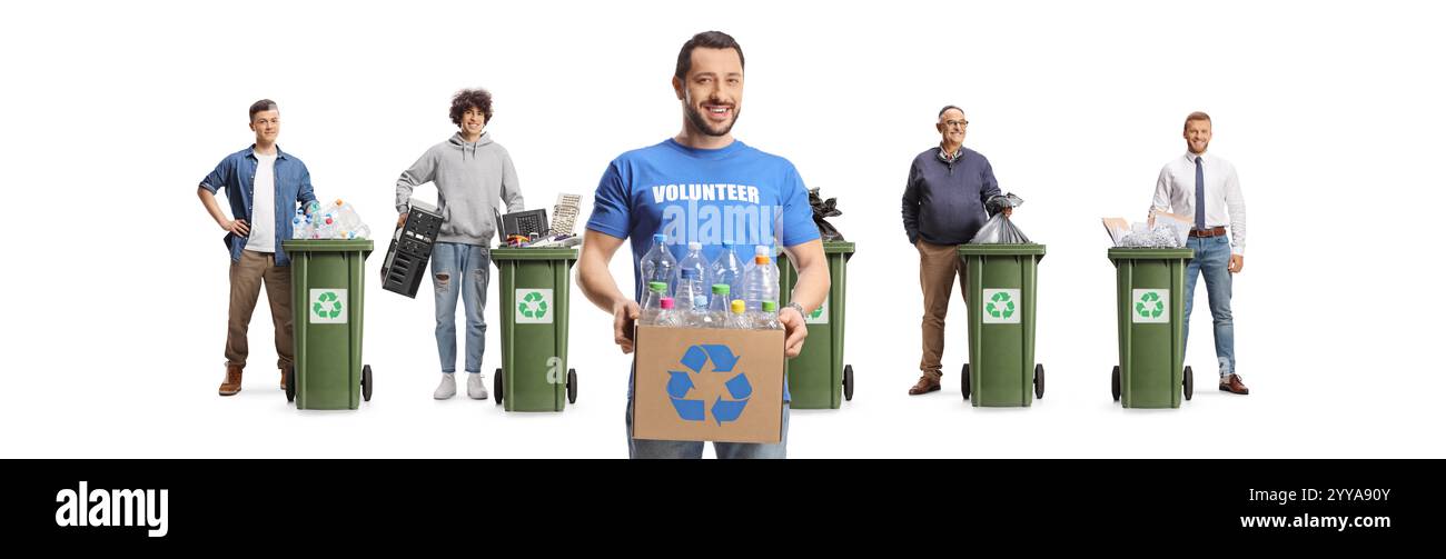 Men volunteering and colecting waste for recycling isolated on white background Stock Photo