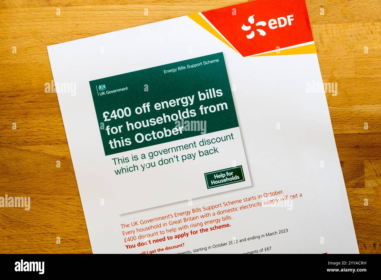 2022 letter from EDF informing customers that they will receive a £400 discount on fuel bills as part of the Government's Energy Bills Support Scheme. Stock Photo