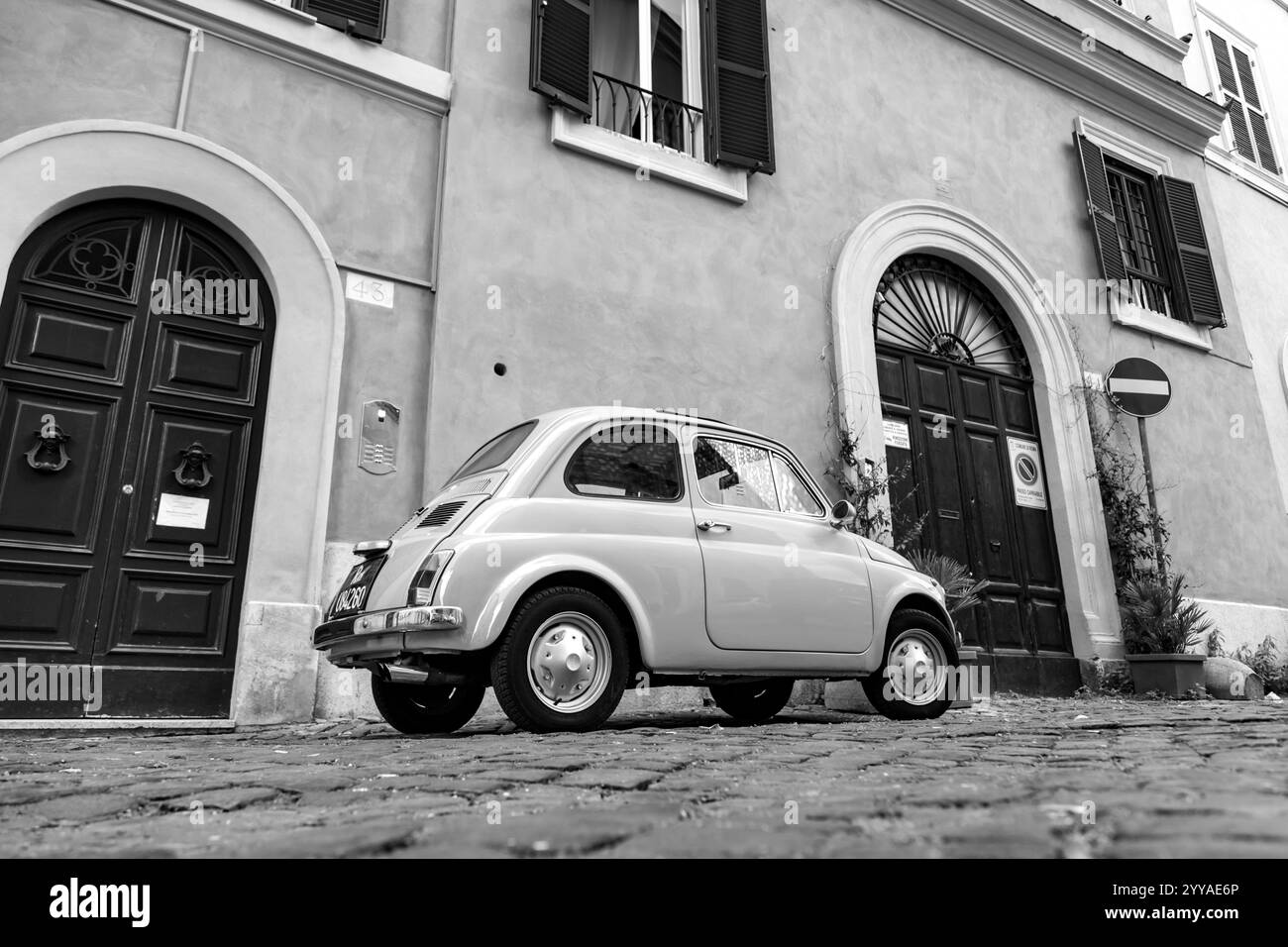 Rome, Italy - April 7, 2019: Vintage Fiat 500 parked in a street with ...