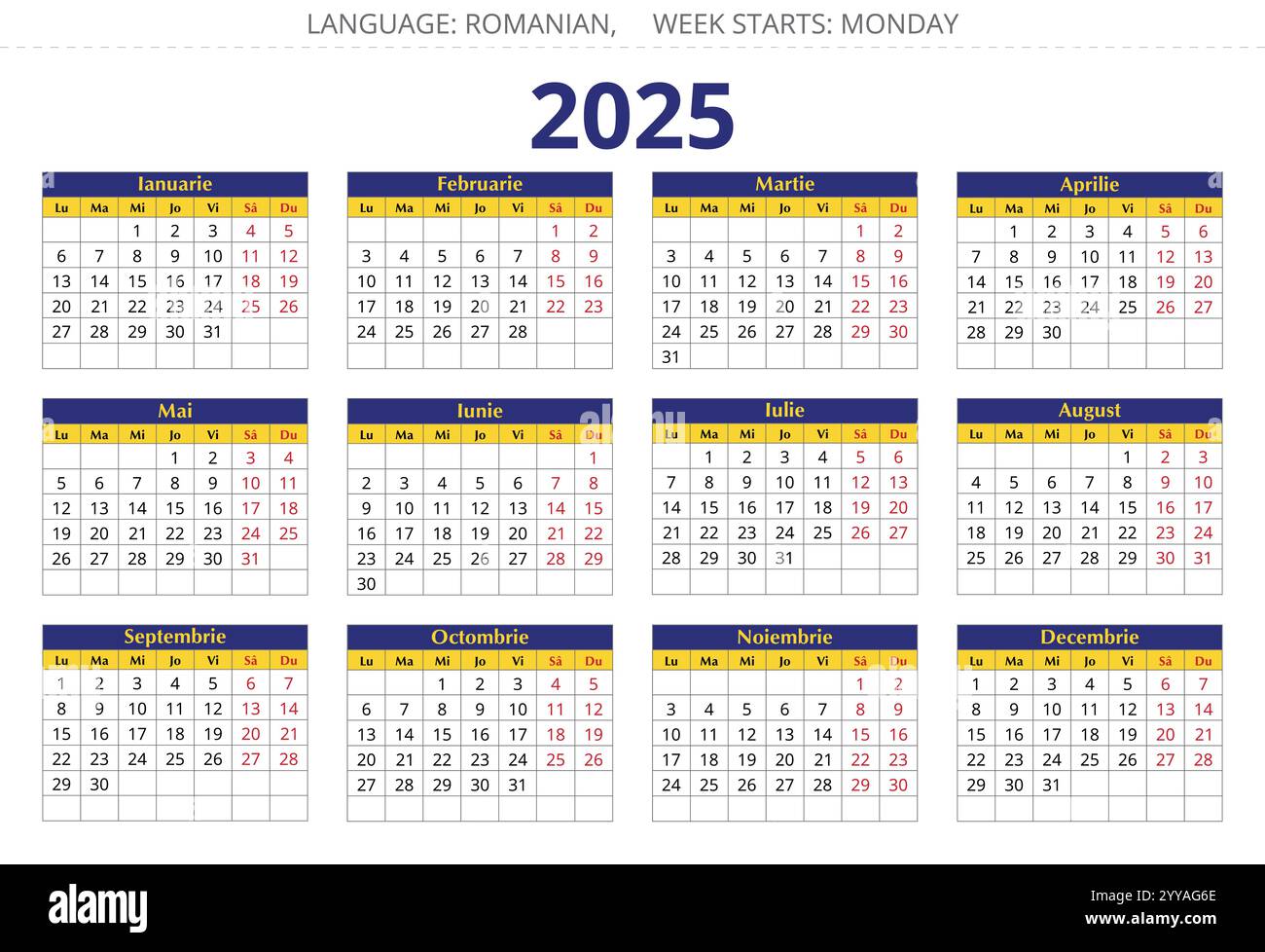 2025 year romanian calendar. Vector illustration in color of national