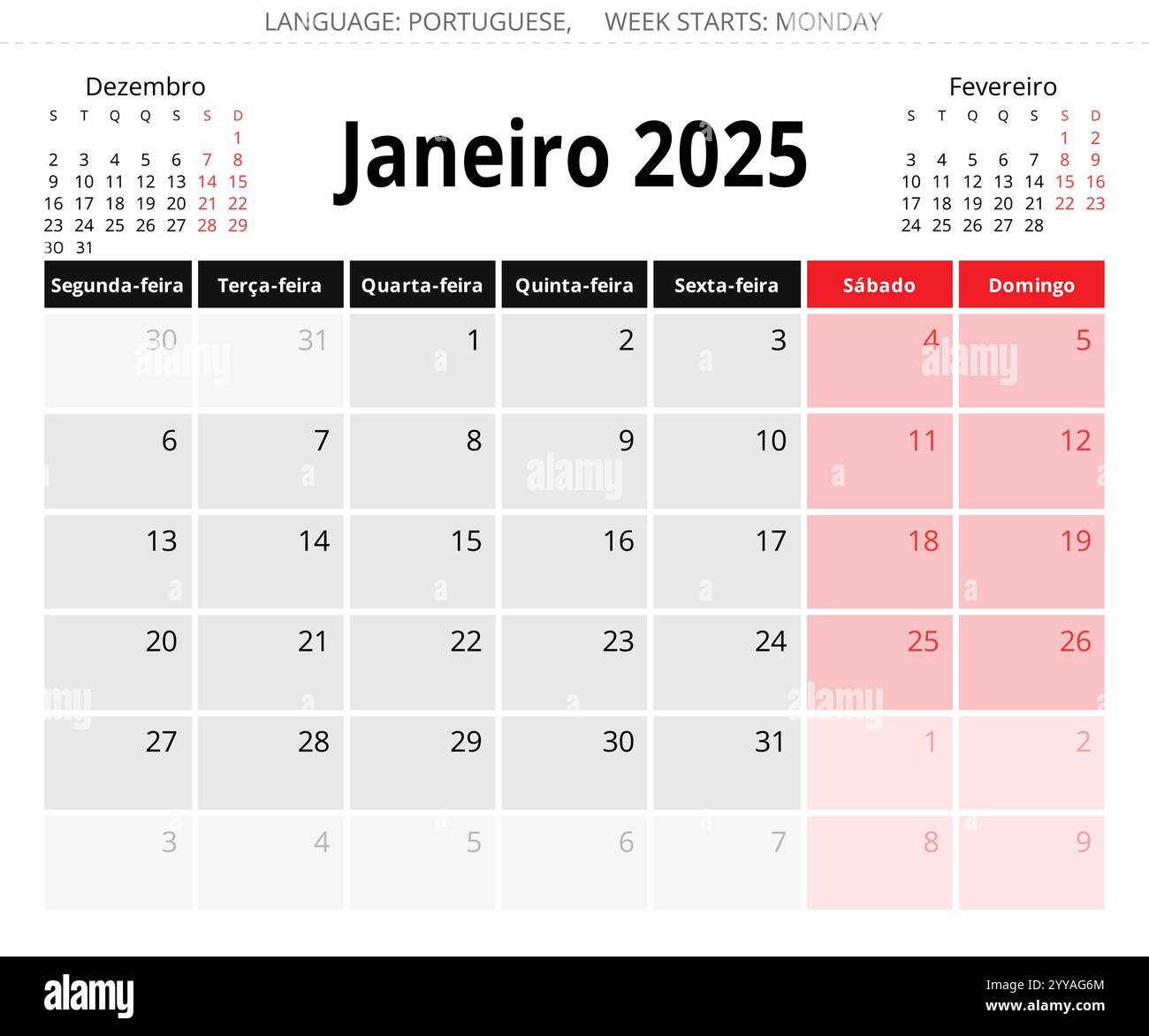 January PORTUGUESE monthly calendar for 2025 year (Janeiro). Vector