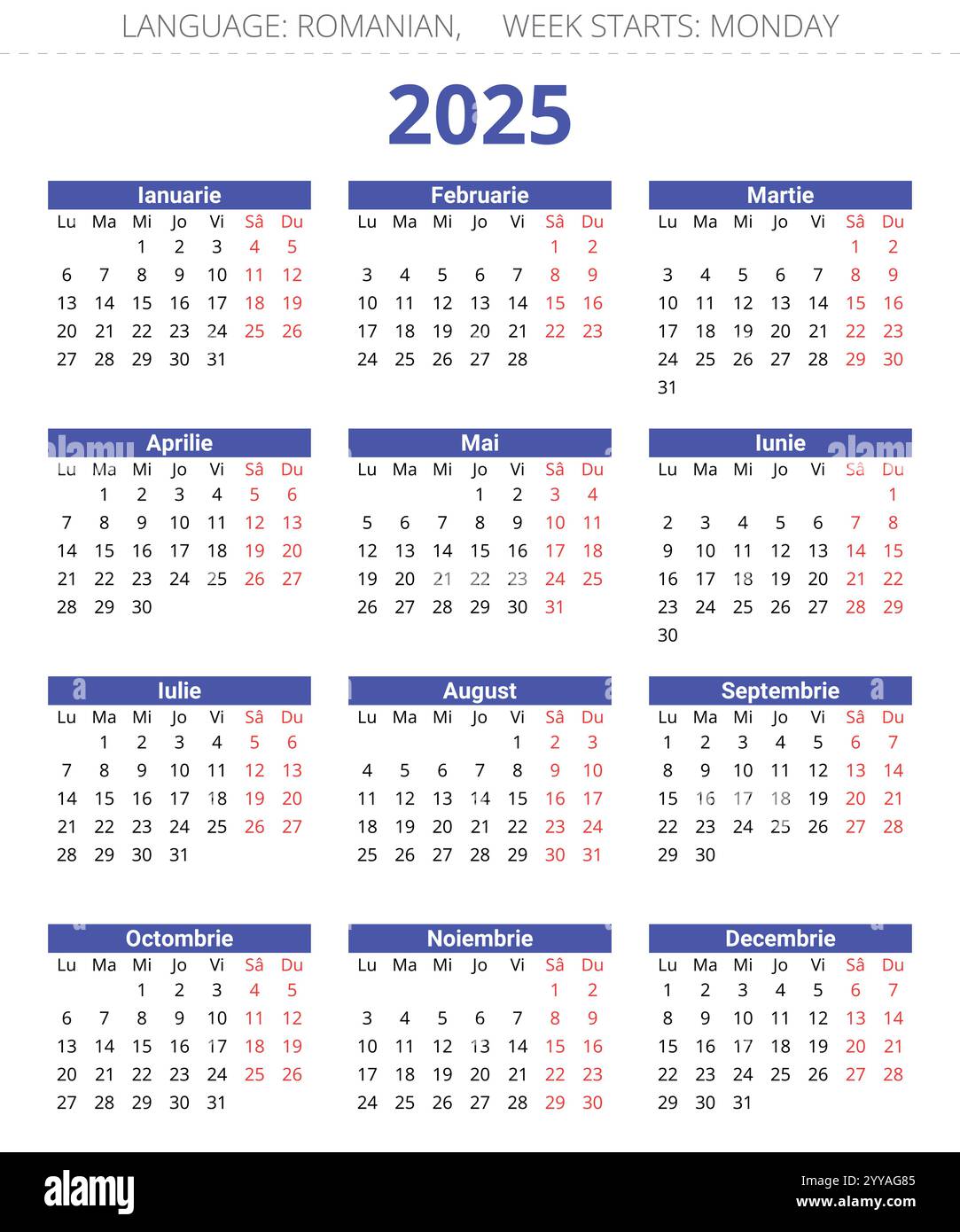 2025 year romanian calendar. Vector illustration for Romania (also for