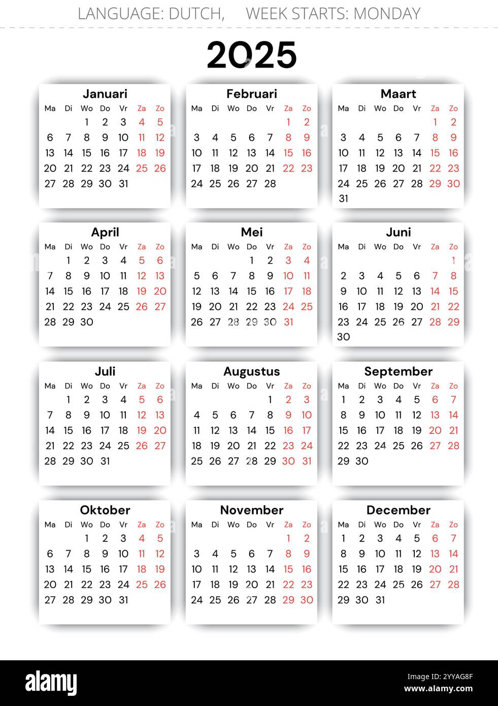 2025 year dutch calendar. Vector illustration. 12 months with shadow
