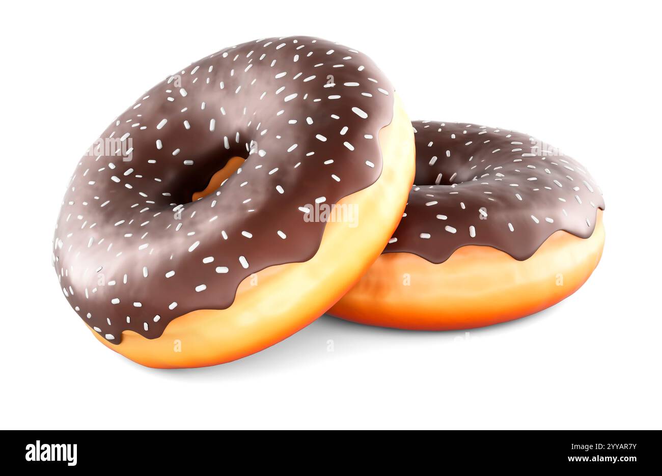 Two chocolate donuts, 3D rendering isolated on white background Stock Photo
