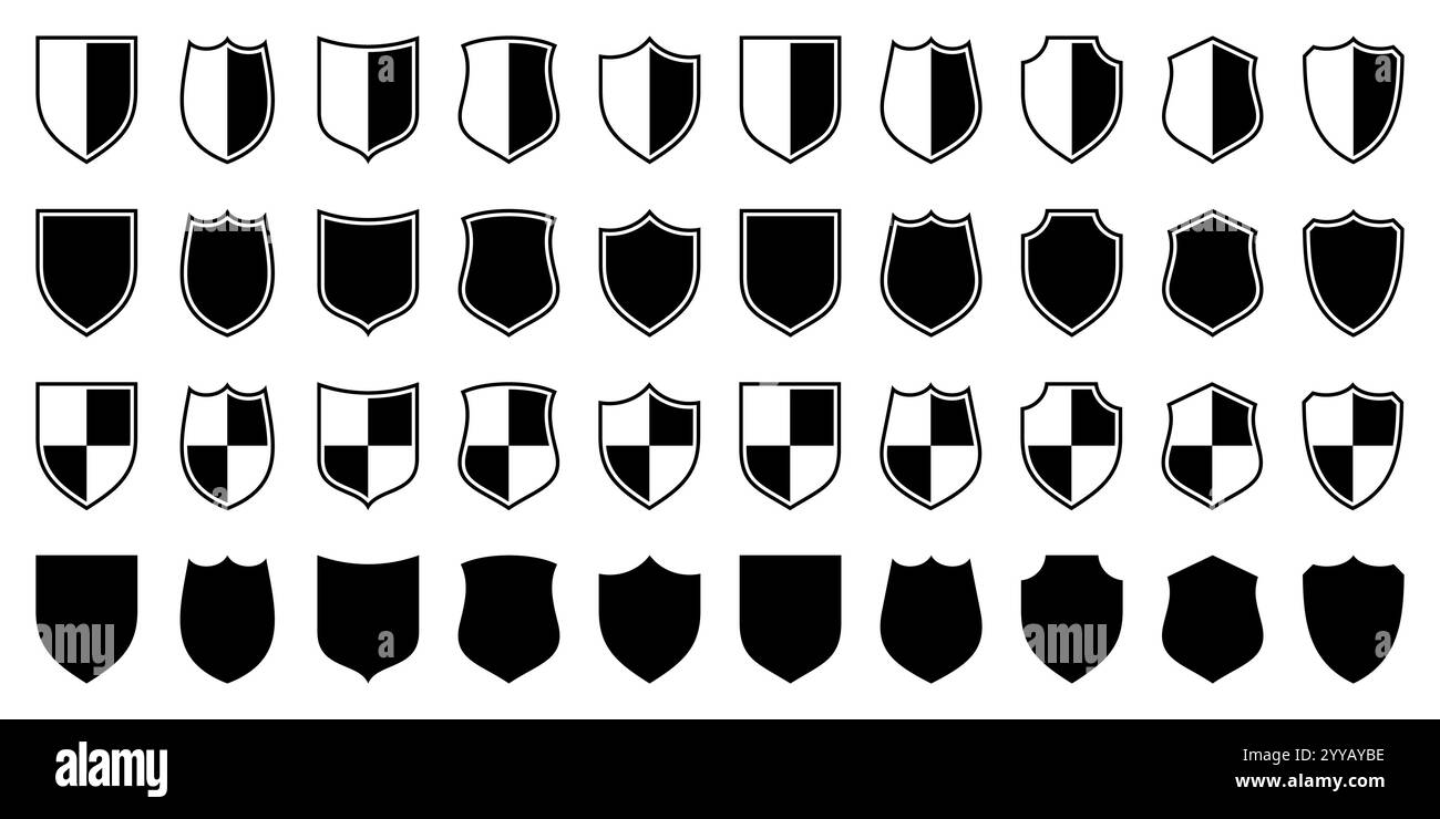 Set of various vintage shield icons. Black heraldic shields. Protection ...