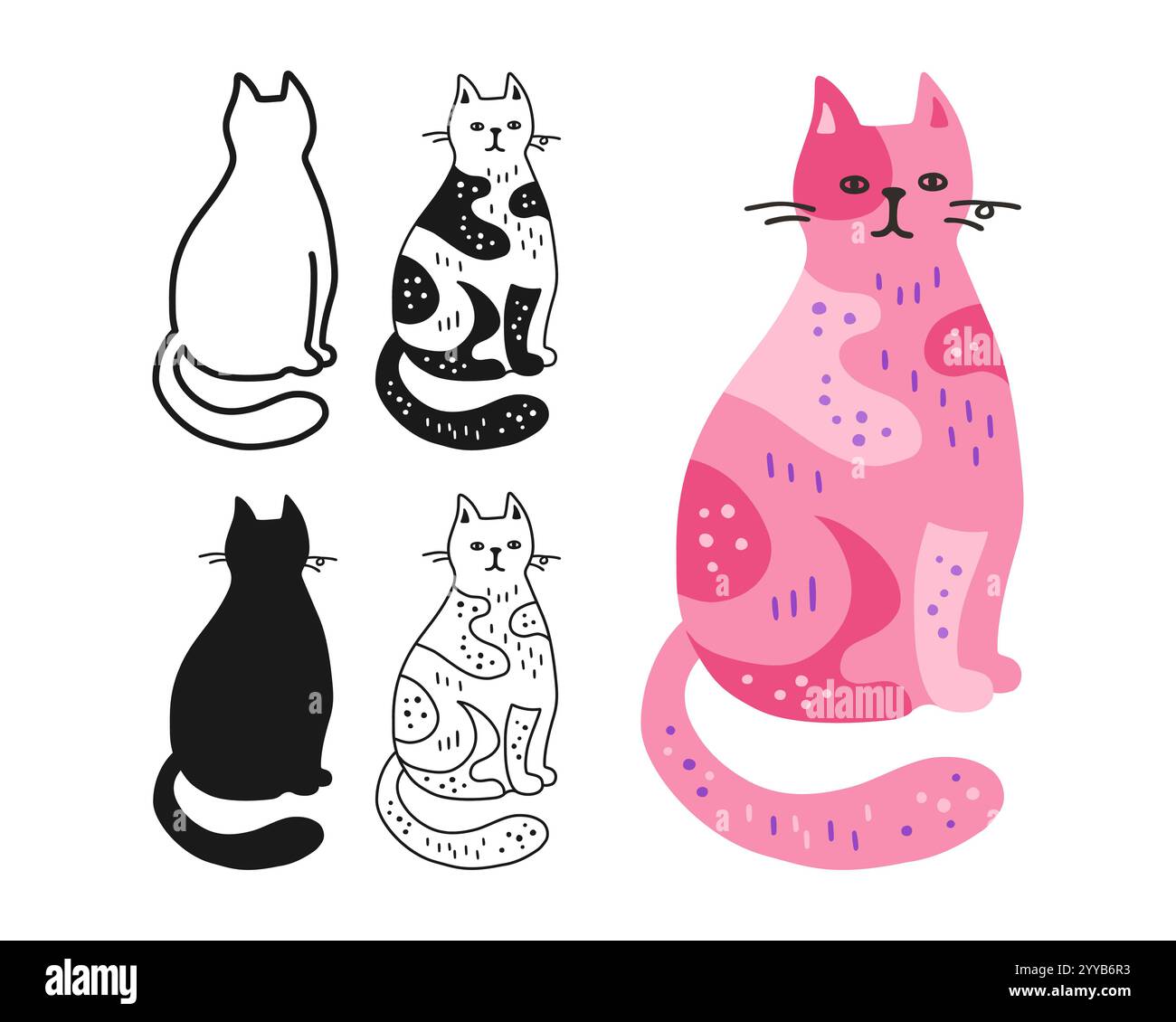 Cat symbol cartoon set. Abstract hand drawn comic kitten linear icon ...