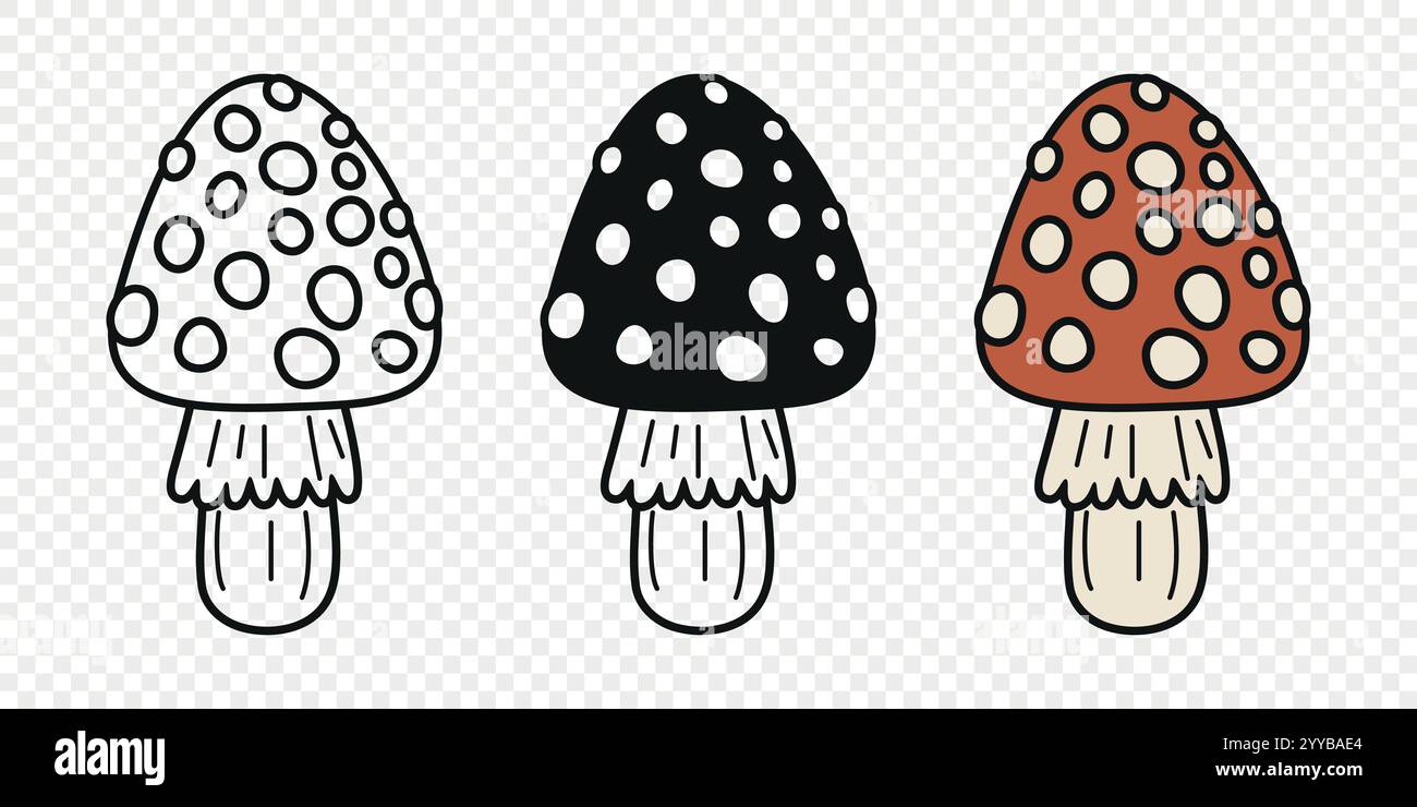 Flat Vector Hand Drawn Cartoon Fly Agaric Mushrooms Outline ...