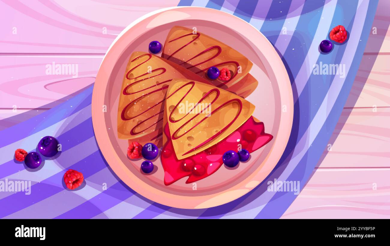 French breakfast setting with crepe Suzette on plate filled with cherry jam topping, fresh blueberries and raspberries, poured with chocolate syrup. T Stock Vector