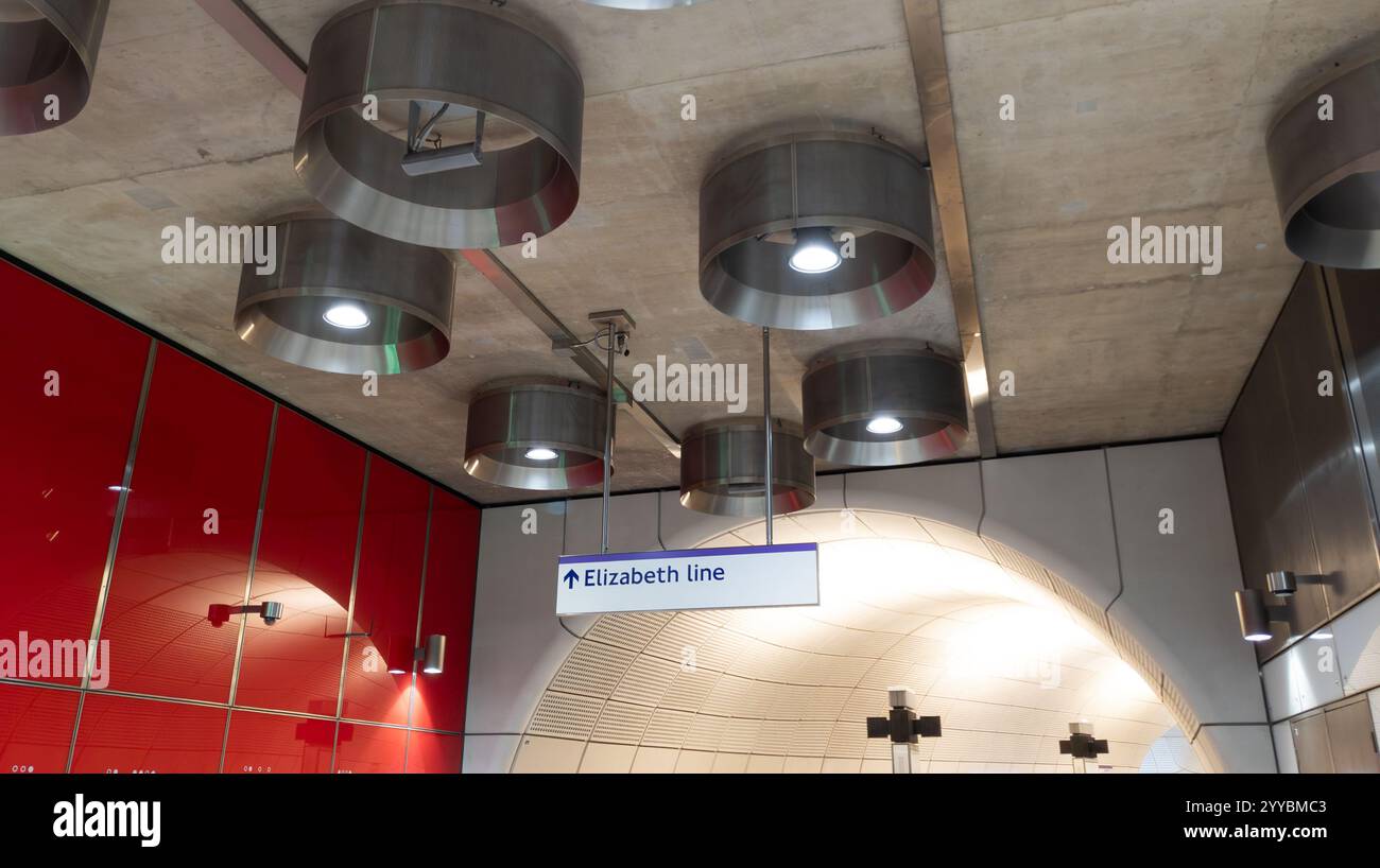 Elizabeth Line London Underground. Overhead lights and sound suppression system. London UK - Smartphone Captured Stock Image