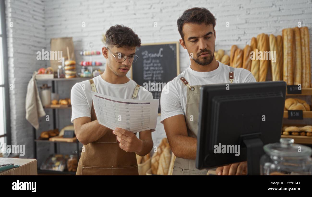 Two hispanic male bakers working together in a bakery, analyzing data ...