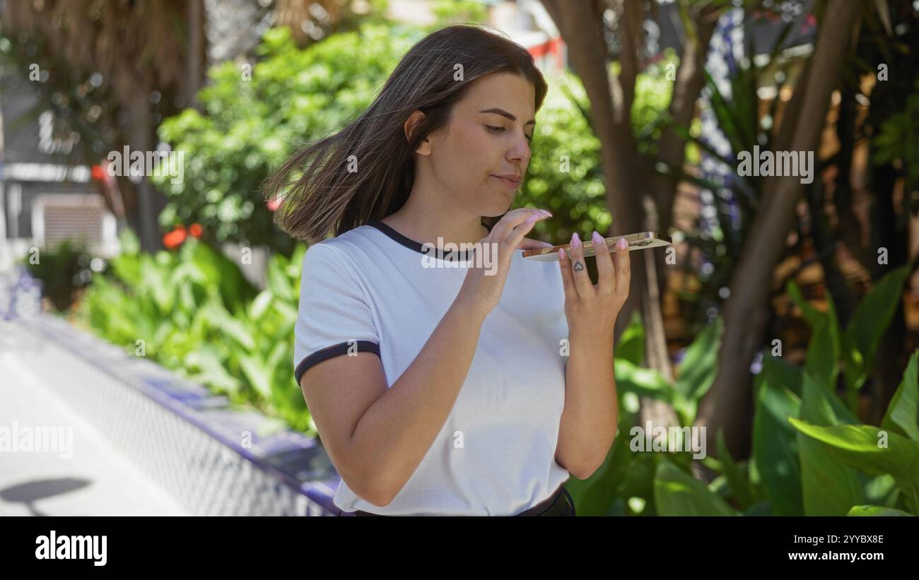 Woman recording a voice message on her phone in an outdoor park ...