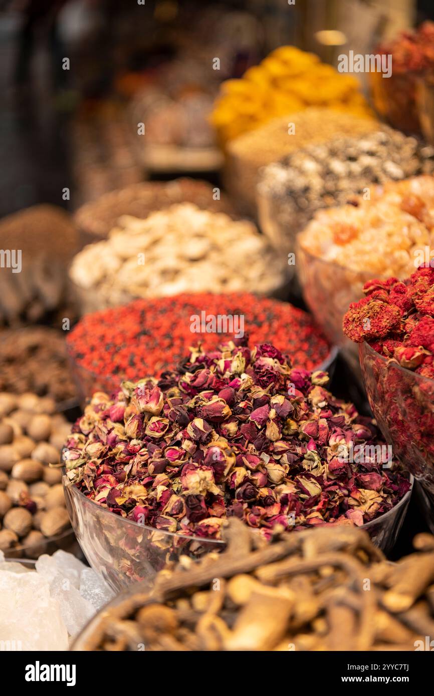 Spices on display in the Spice Souk, Deira, Dubai, United Arab Emirates Stock Photo