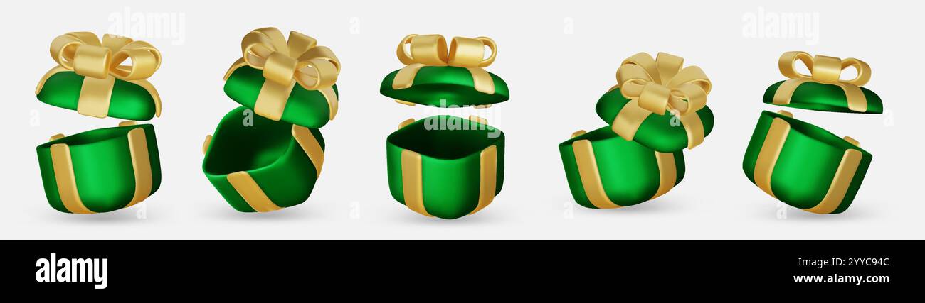 Set of realistic 3d render gift boxes. Green gift box with gold bow and ...