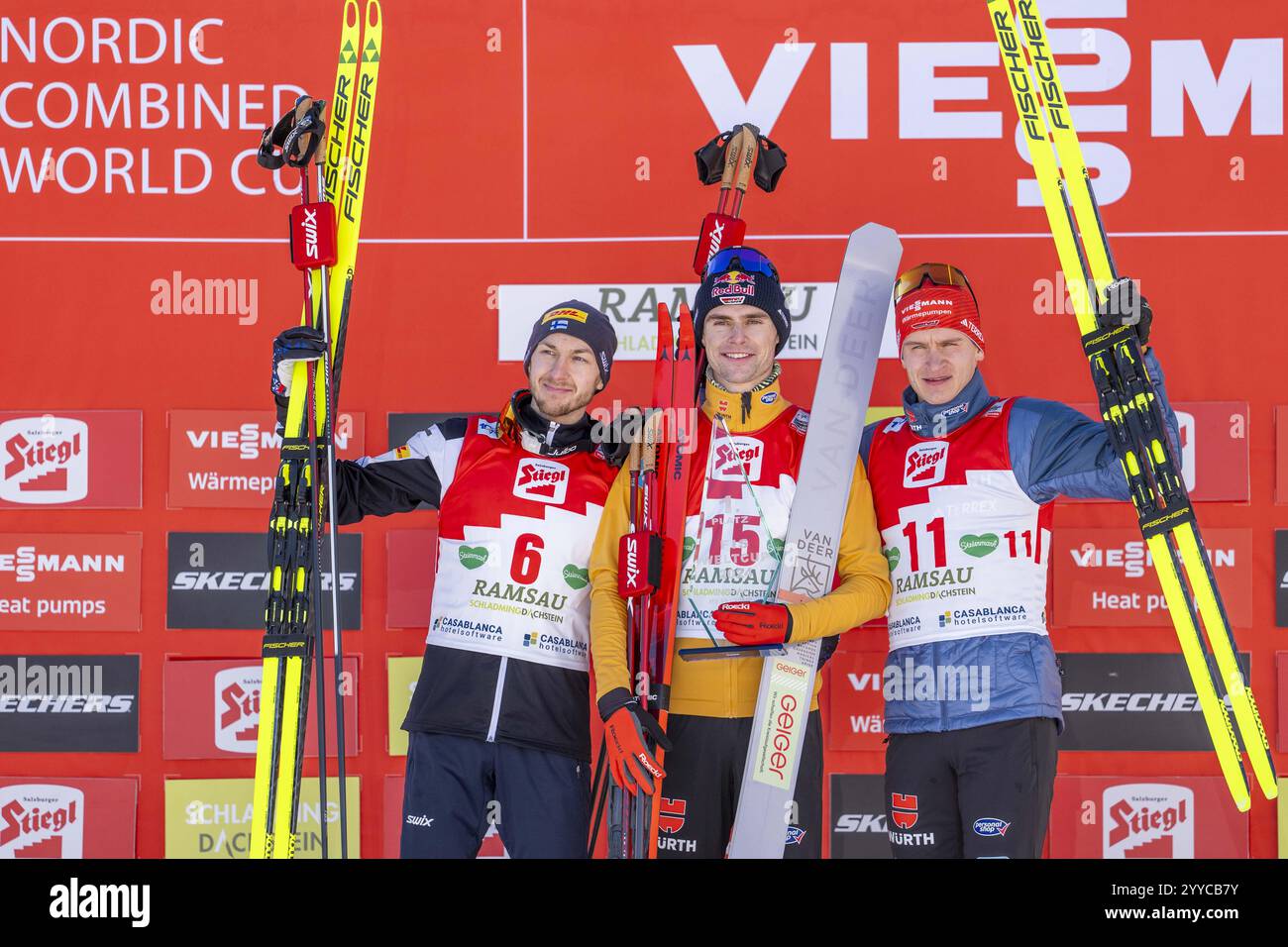 Ramsau. Am. Dachstein, Austria. 21st Dec, 2024. RAMSAU. AM. DACHSTEIN, AUSTRIA - DECEMBER 21: lkka Herola of Finland, Vinzenz Geiger of Germany and Julian Schmid of Germany during FIS World Cup Nordic Combined Ramsau Men's - Individual Gundersen HS96/10km, flower ceremony Ramsau am Dachstein on December 21, 2024 in Ramsau. am. Dachstein, Styria.241221 SEPA 12 053 - 20241221 PD3940 Credit: APA-PictureDesk/Alamy Live News Credit: APA-PictureDesk/Alamy Live News Stock Photo