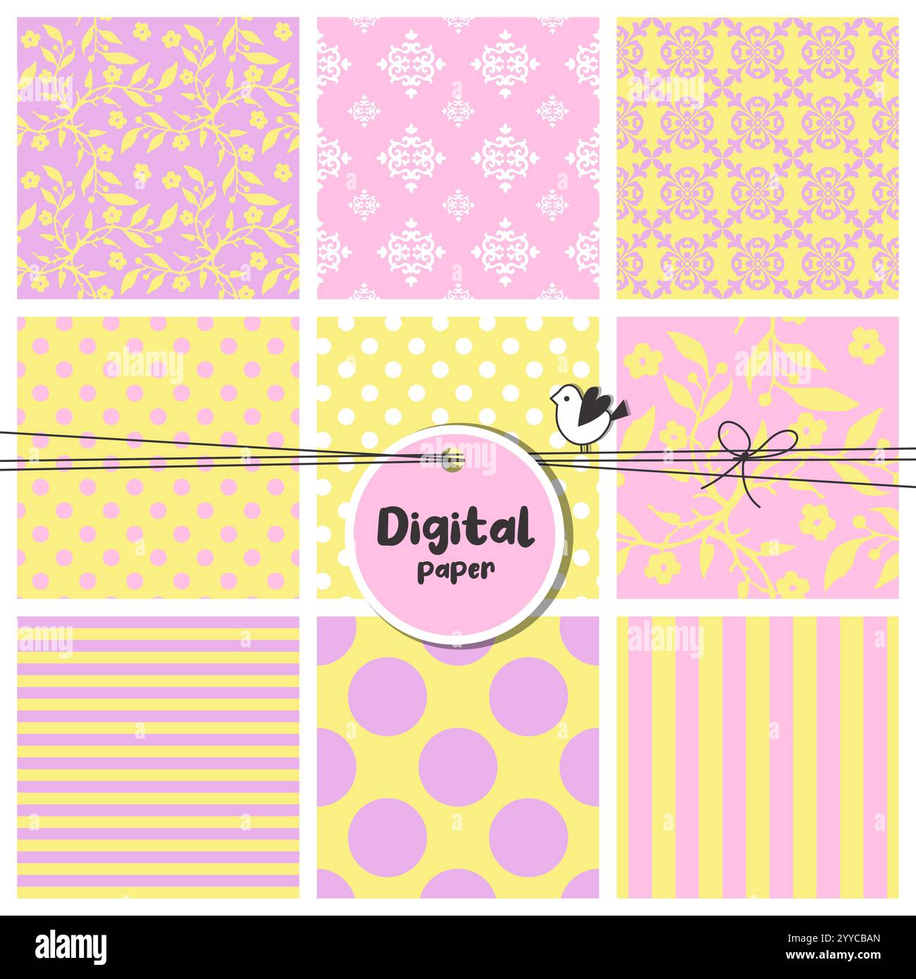 Seamless patterns set, flowers, dots, stripes Stock Vector