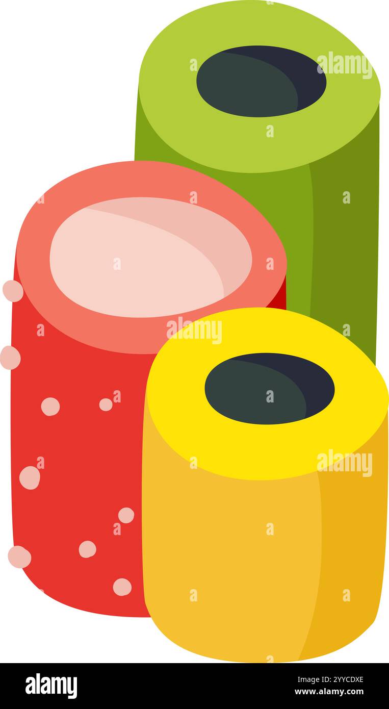 Three colorful cylindrical candies with holes in the center forming a stack, isolated on a white background, perfect for projects related to sweets Stock Vector