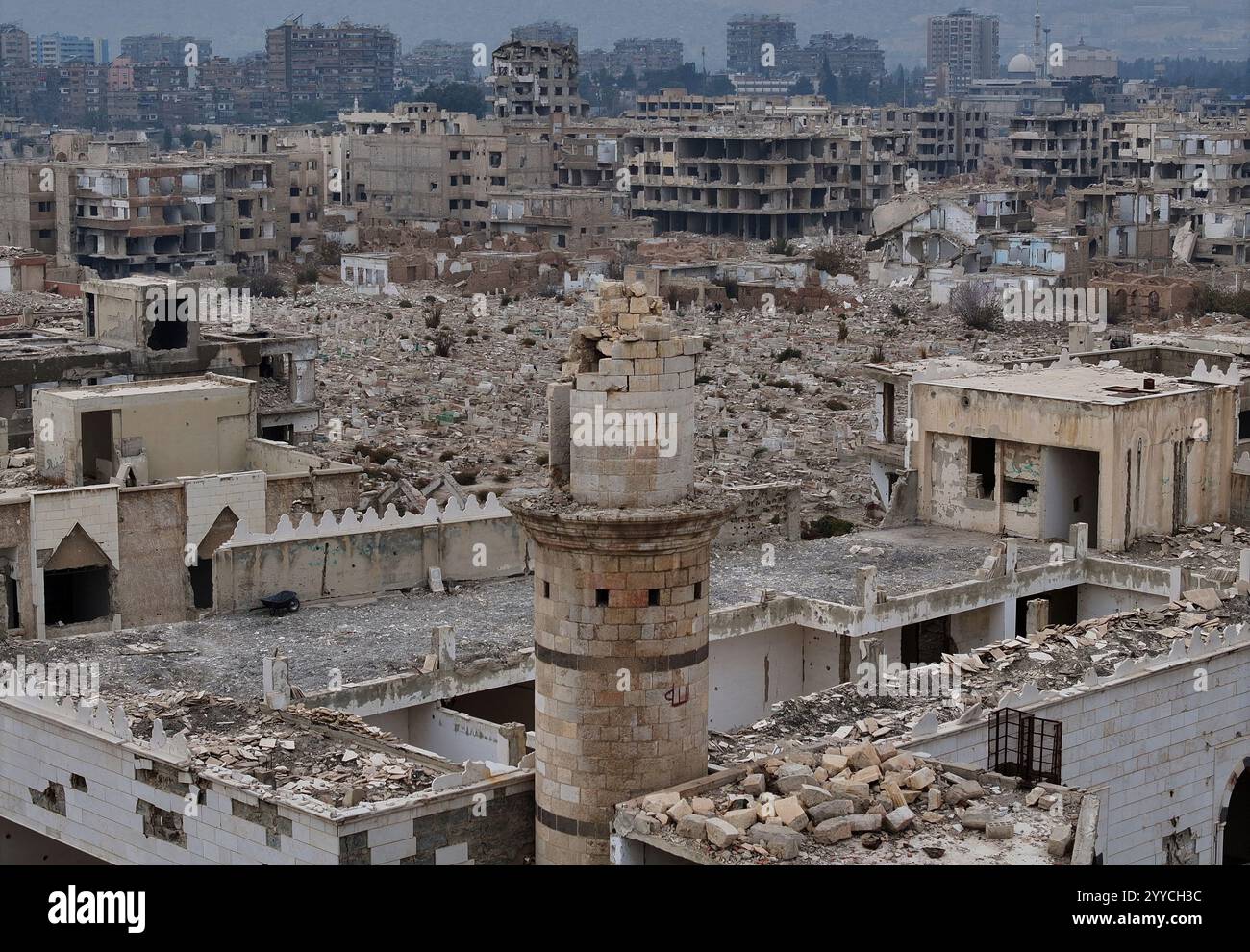 A destroyed minaret mosque is seen in the neighbourhood of Jobar, in ...