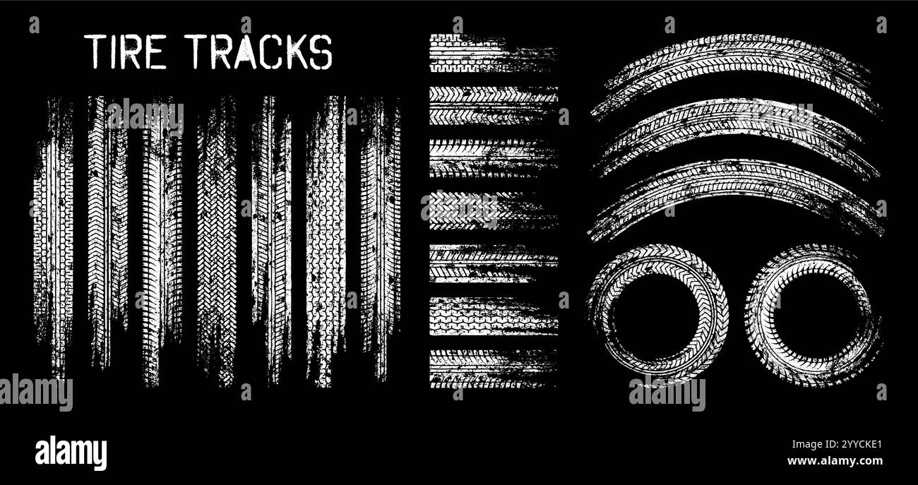 Grunge tire tracks, wheel braking marks. Truck, car or motorcycle tread ...