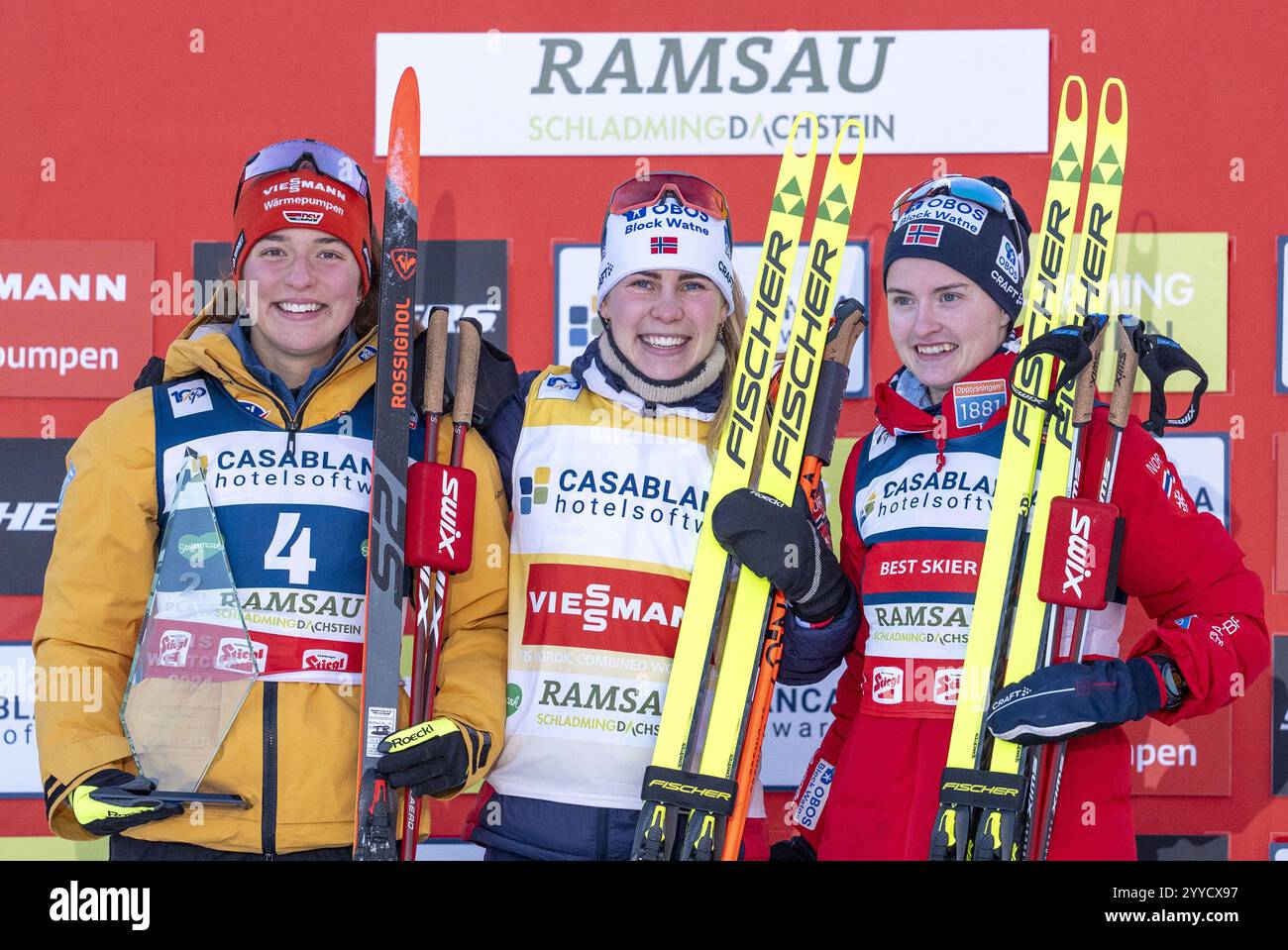 Ramsau. Am. Dachstein, Austria. 21st Dec, 2024. RAMSAU. AM. DACHSTEIN, AUSTRIA - DECEMBER 21: Nathalie Armbruster of Germany, Ida Marie Hagen of Norway and Gyda Westvold Hansen of Norway during FIS World Cup Nordic Combined Ramsau Women's - Individual Gundersen HS96/5km, flower ceremony Ramsau am Dachstein on December 21, 2024 in Ramsau. am. Dachstein, Styria.241221 SEPA 12 075 - 20241221 PD5516 Credit: APA-PictureDesk/Alamy Live News Stock Photo