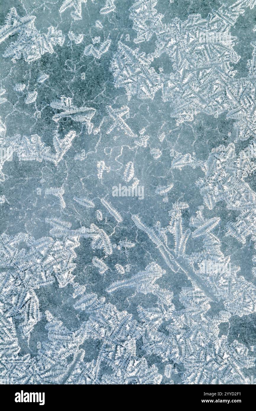 Abstract shapes and patterns formed by a variety of ice crystals on a layer of ice - Stock Image