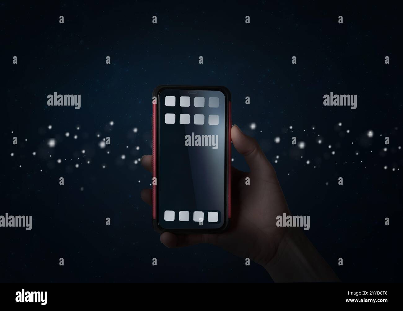Hand with mobile phone when operating and handling the Business APP. User-friendliness for the user and usability of the applications. Stock Photo