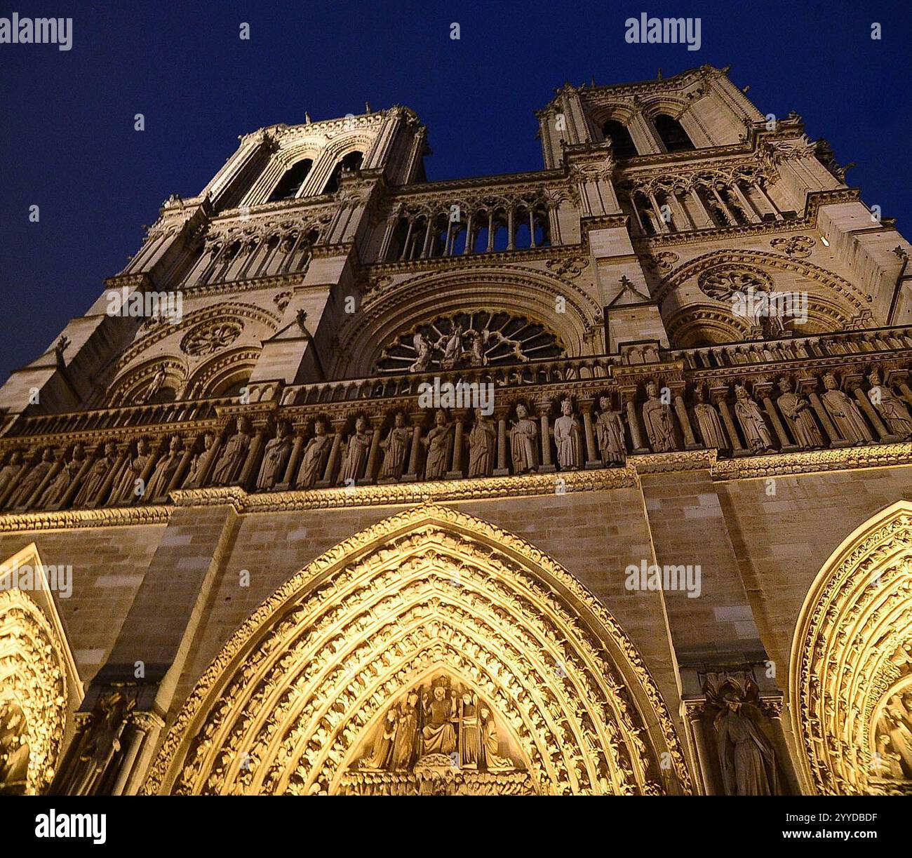 An outside view of the Notre Dame cathedrale, during an evening vespers