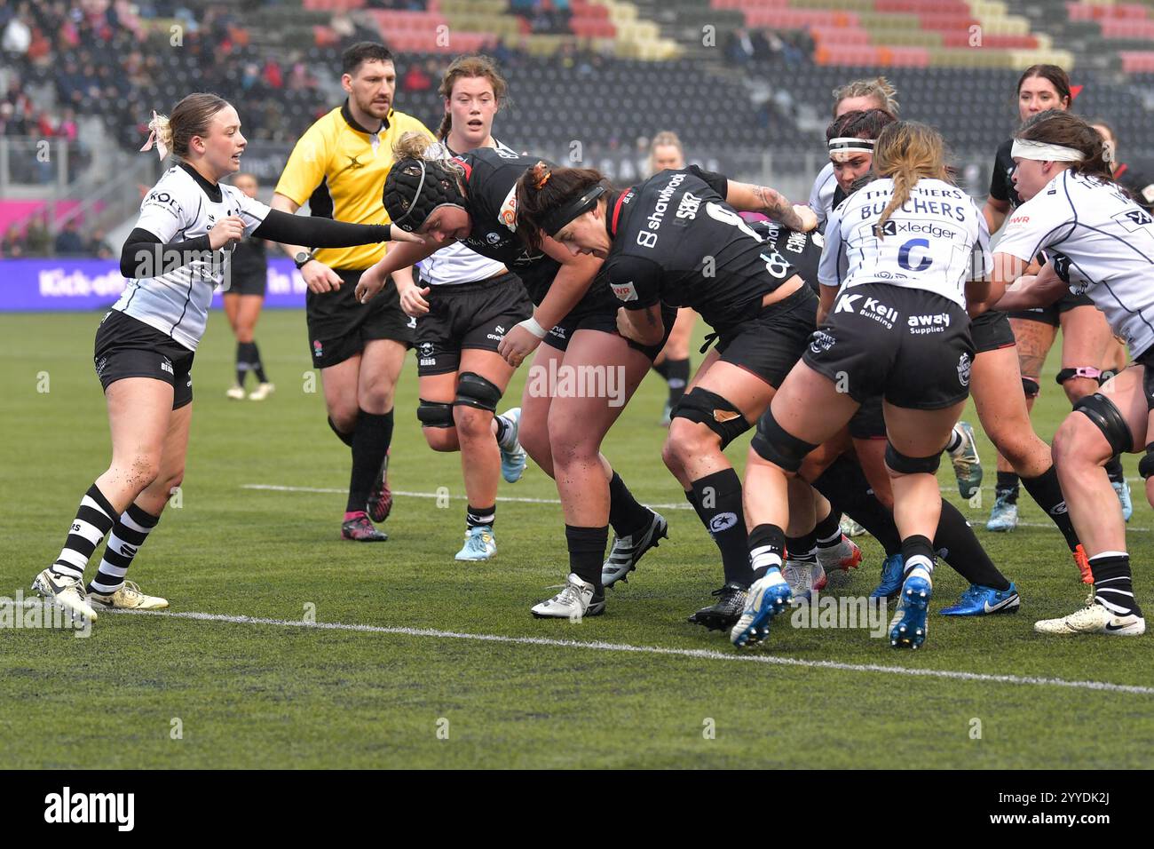 Gabrielle Senft and McKinley Hunt of Saracens Women protect Georgia Evens of Saracens Women as she crosses the line to score a first half try in Saracens Women vs Bristol Bears Women at the StoneX Stadium, London, England on 21 December 2024. Photo by Phil Hutchinson. Editorial use only, license required for commercial use. No use in betting, games or a single club/league/player publications. Credit: UK Sports Pics Ltd/Alamy Live News Stock Photo