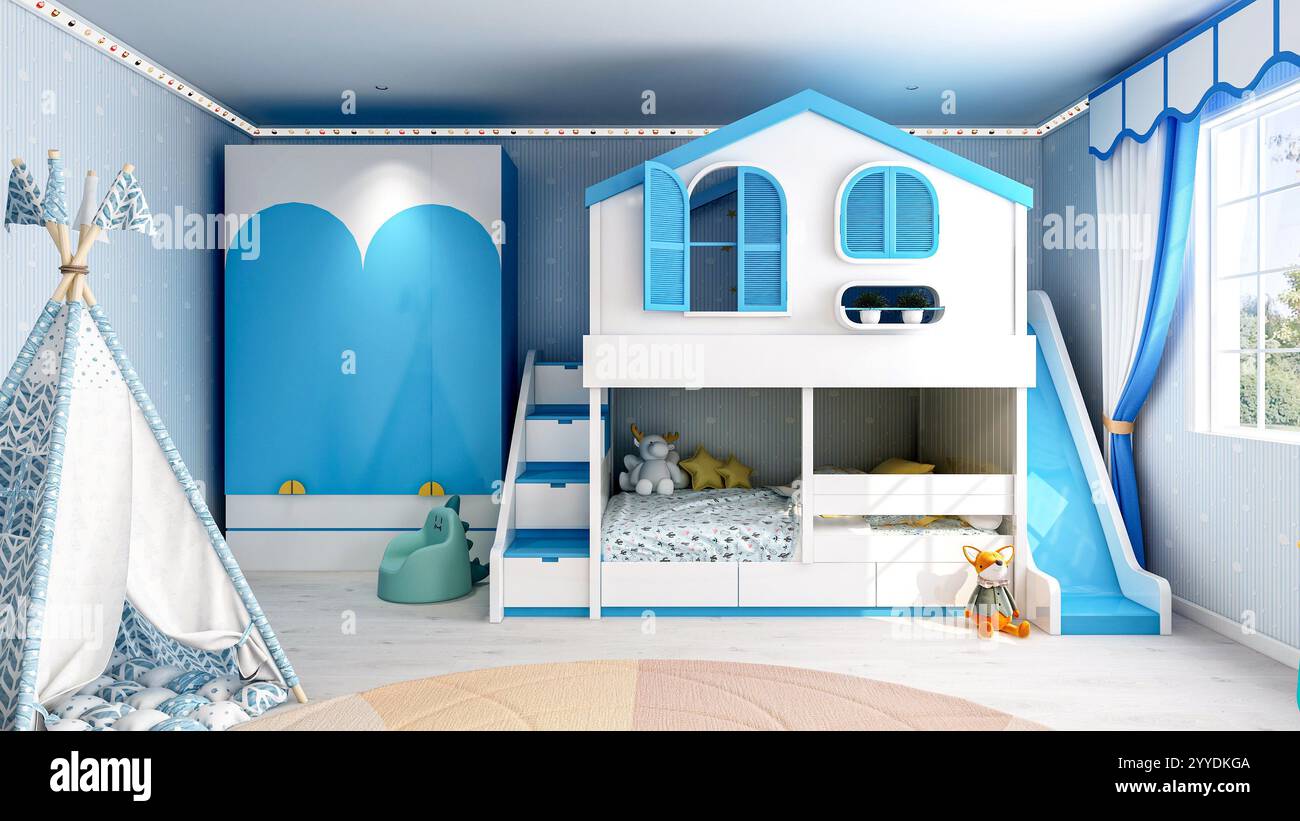 Charming Blue-Themed Boys' Bedroom Interior with Cozy Decor and Playful ...