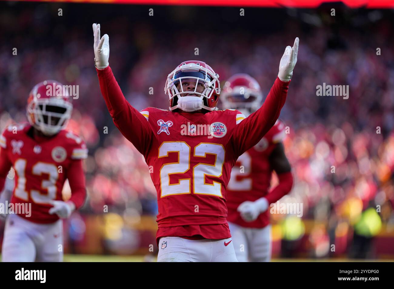 Kansas City Chiefs cornerback Trent McDuffie (22) celebrates after