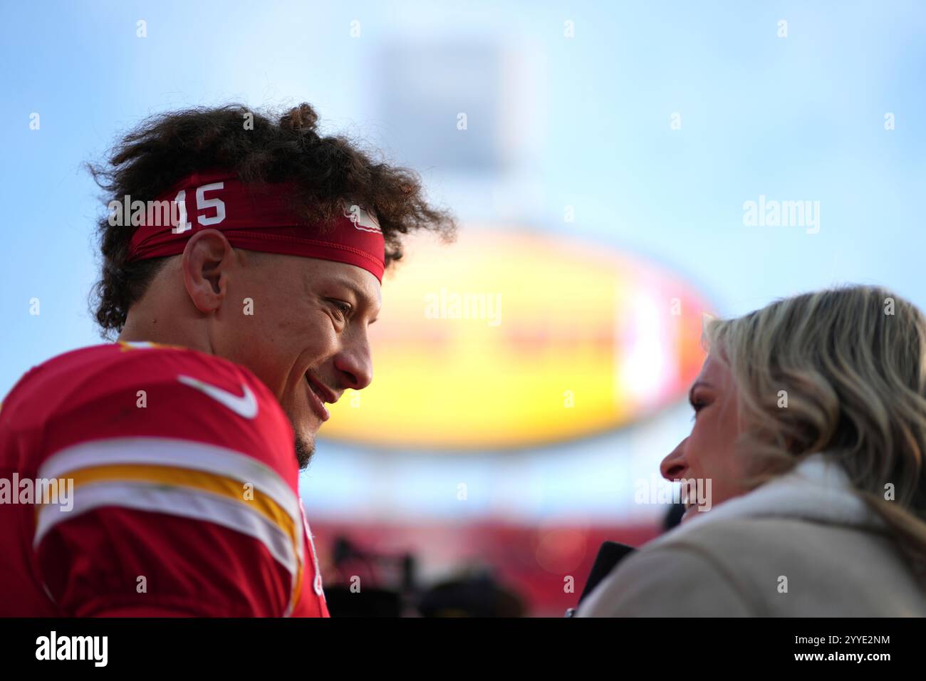 Kansas City Chiefs quarterback Patrick Mahomes smiles as he is