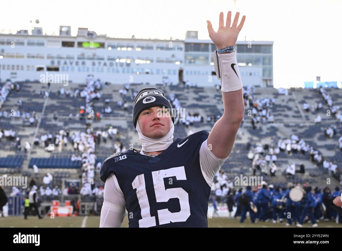 Penn State quarterback Drew Allar waves after a victory over SMU during