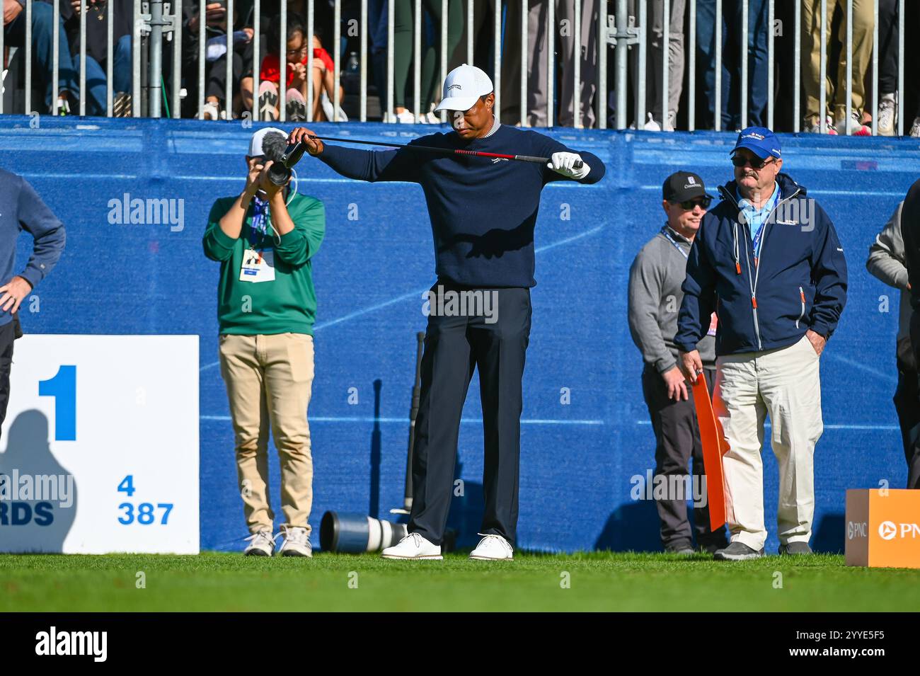 Tiger Woods prepares to tee off at the first hole during Saturday's