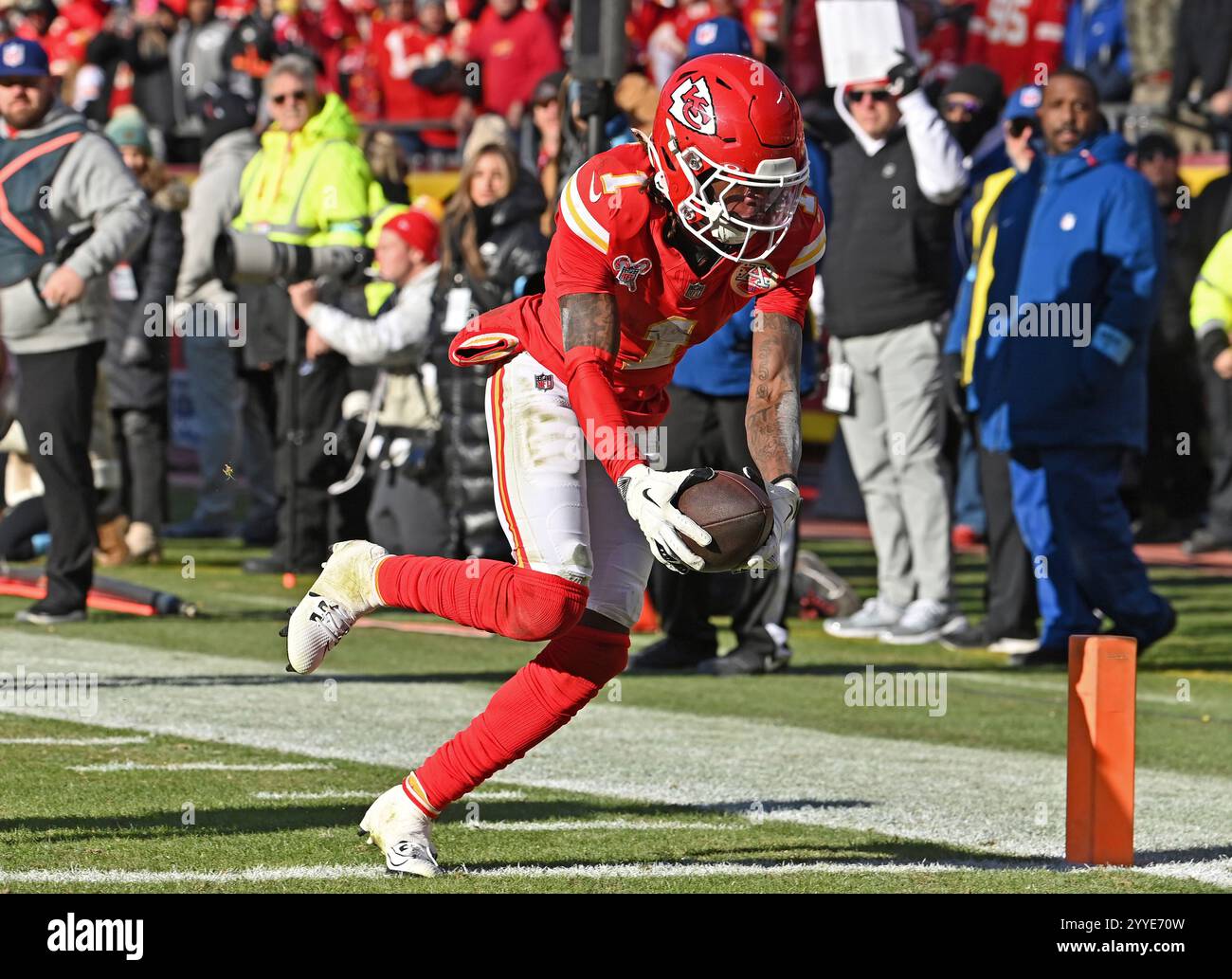 Kansas City Chiefs wide receiver Xavier Worthy (1) scores a touchdown