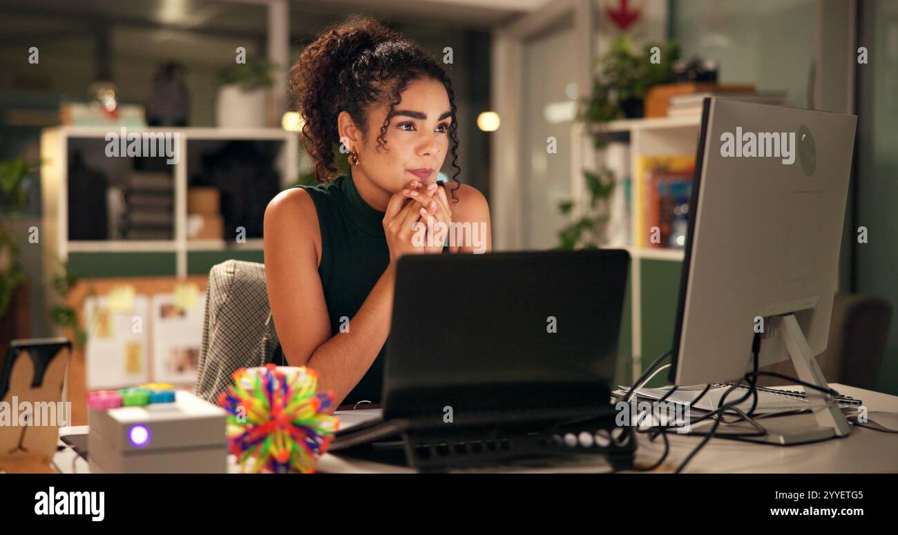 Computer Screen Thinking Business woman, laptop and thinking with internet, creative agency and ...