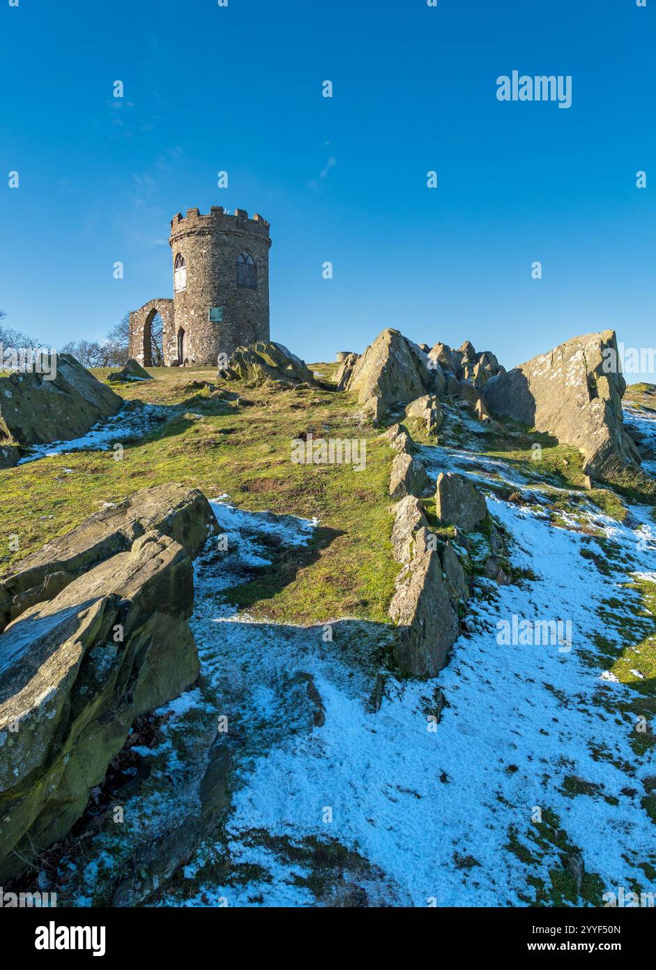 Old John hilltop folly on horizon with clear blue sky above in Winter, Bradgate Park, Newtown Linford, Leicestershire, England, UK. Stock Photo