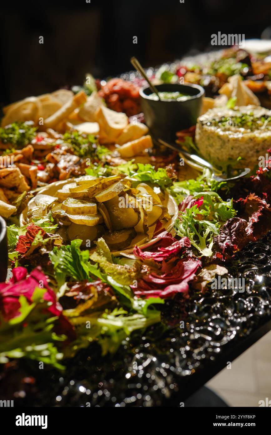 A vibrant table setting with a variety of Indian dishes