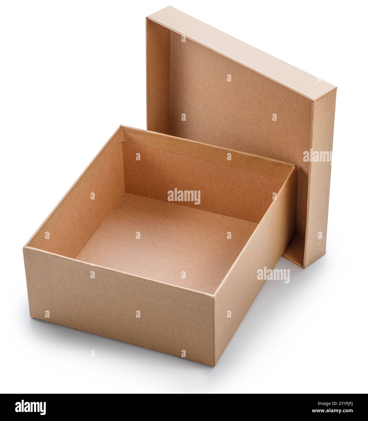 Open empty cardboard gift box and lid near it isolated on white ...