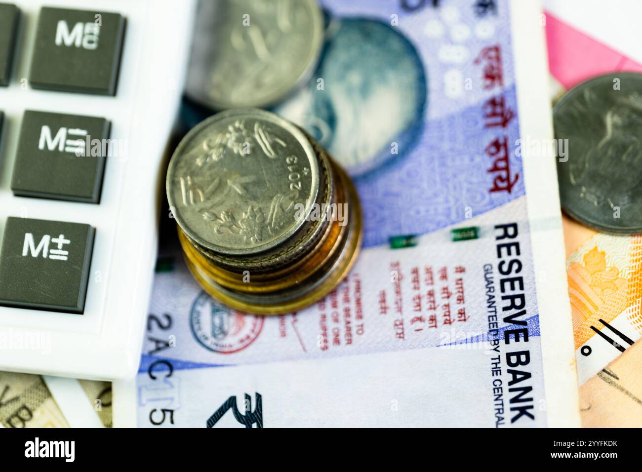 Indian rupee coins and banknotes with calculator, depicting financial ...