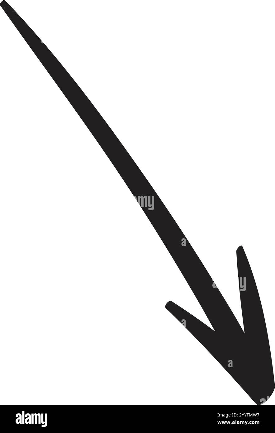 Downward pointing black arrow diagonally crossing a clean white background, representing direction, descent, or a trend indicating decrease and Stock Vector