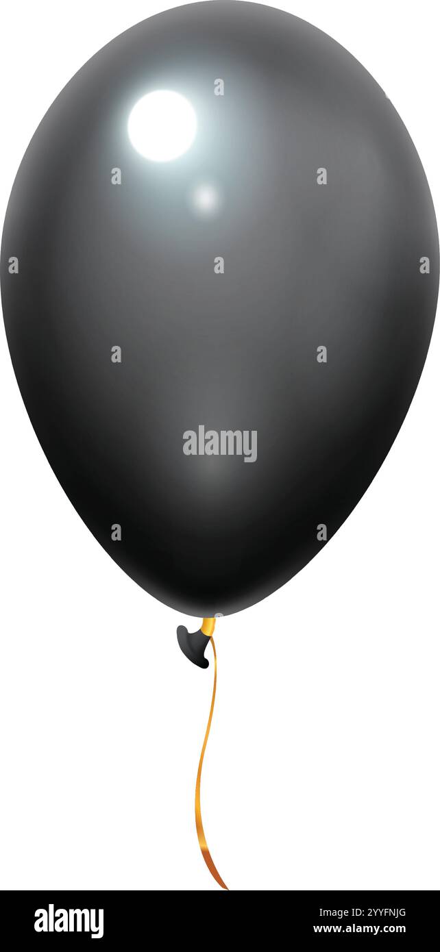 Realistic black balloon with gold ribbon floating on a white background ...